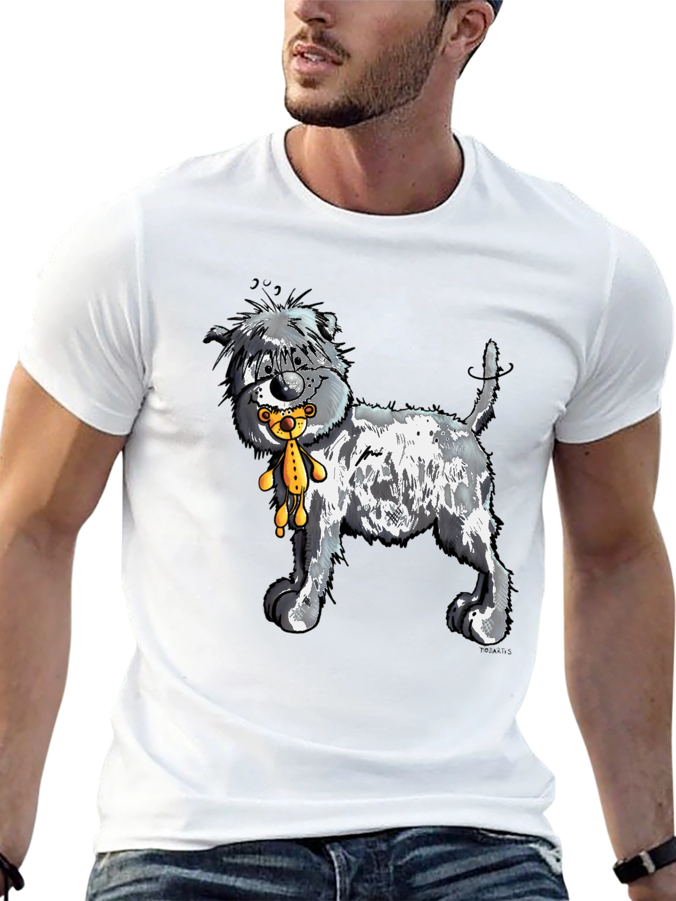 Cartoon Dog with Teddy Bear Graphic Tee - Black