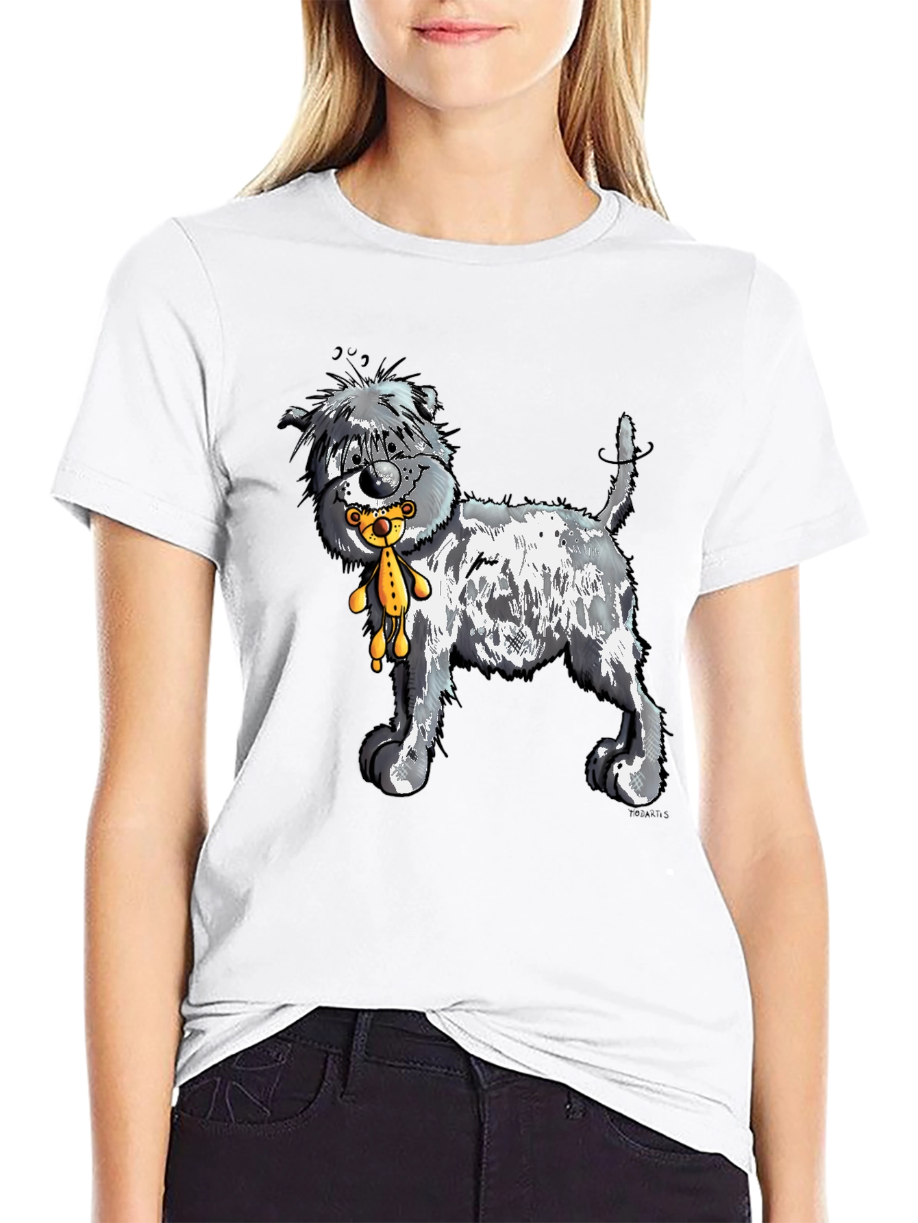 Cartoon Dog with Teddy Bear Graphic Tee - Black