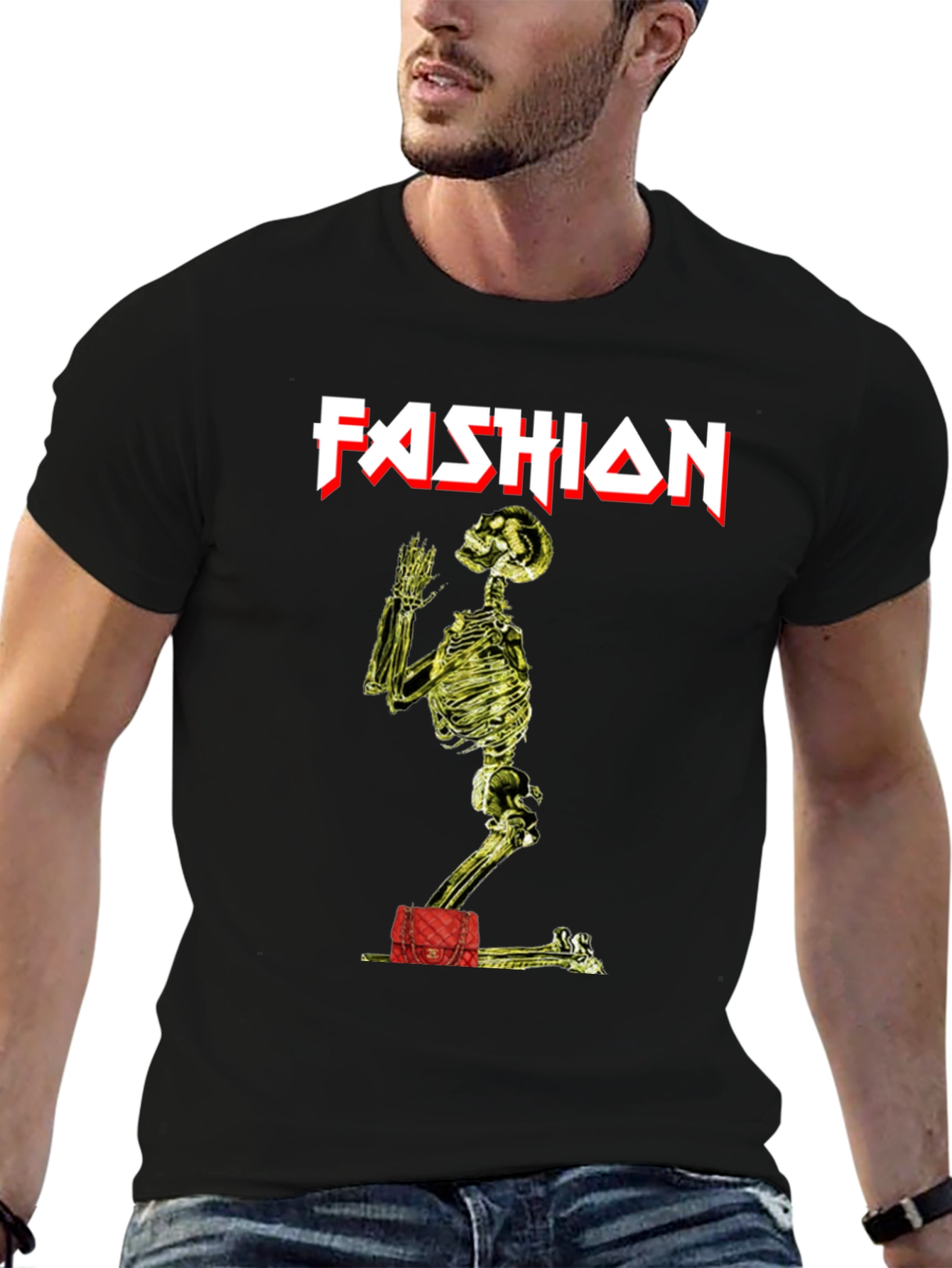 Fashion Skeleton Graphic Tee - Black Crew Neck Shirt