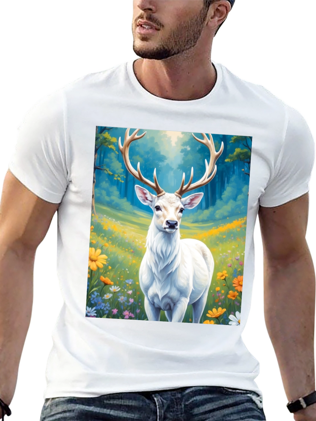 Deer in Meadow Graphic Tee - Black Cotton Shirt