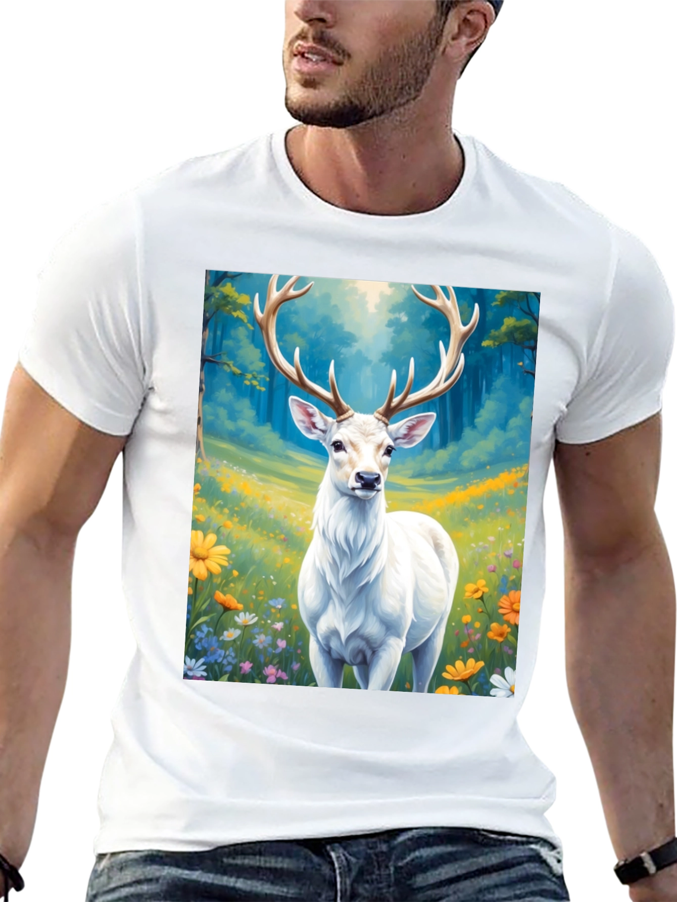 Deer in Meadow Graphic Tee - Black Cotton Shirt