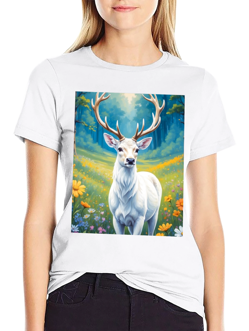 Deer in Meadow Graphic Tee - Black Cotton Shirt
