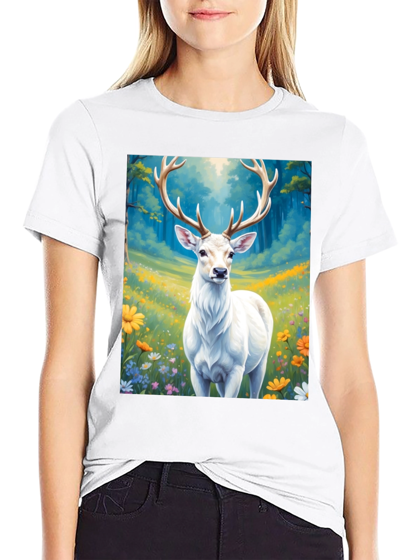 Deer in Meadow Graphic Tee - Black Cotton Shirt