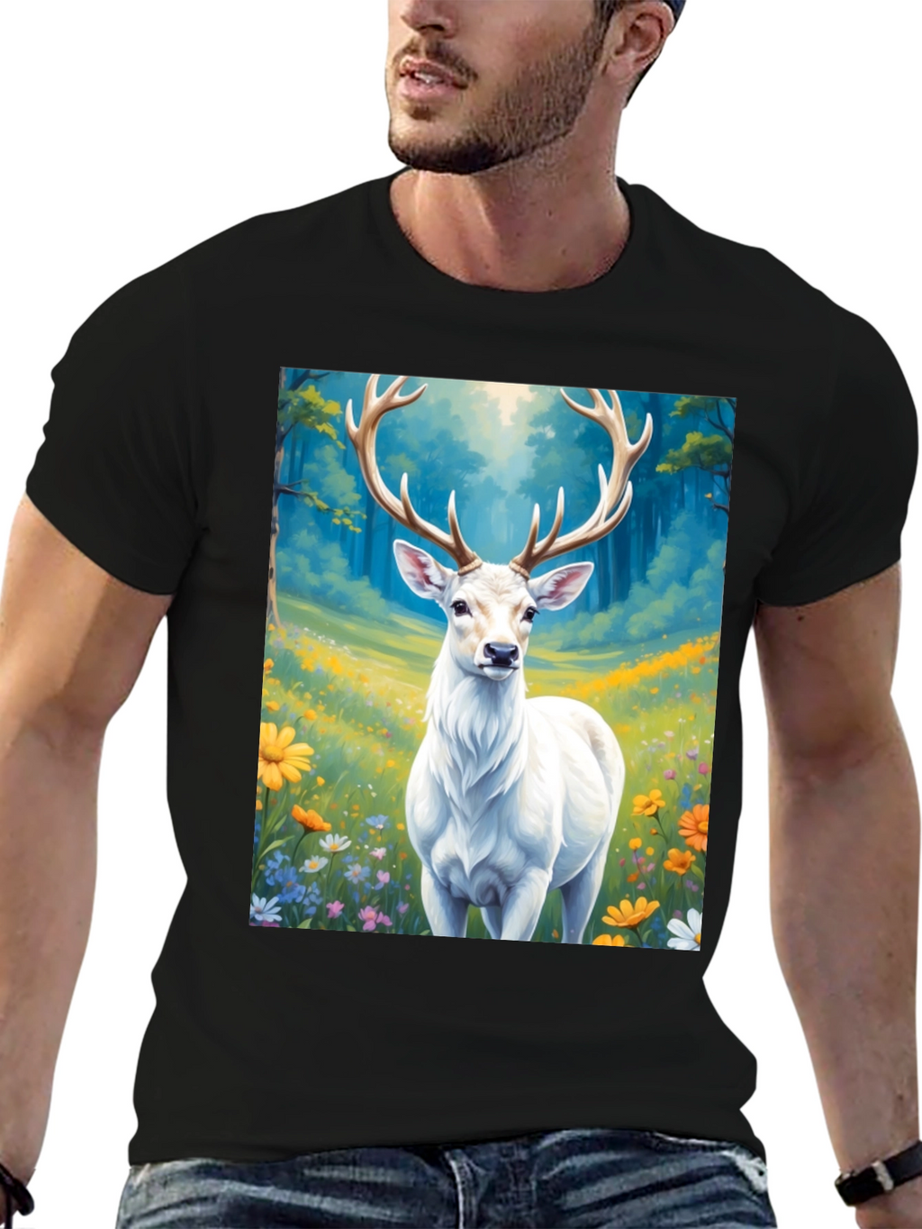 Deer in Meadow Graphic Tee - Black Cotton Shirt