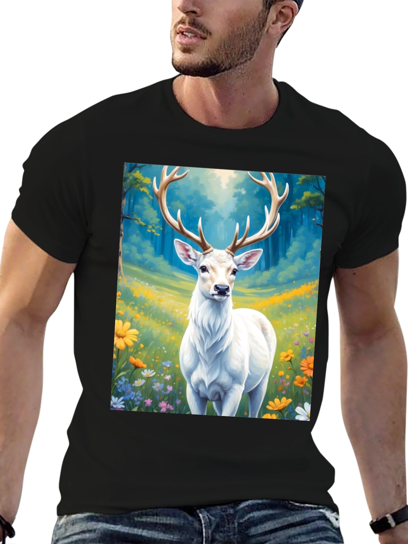Deer in Meadow Graphic Tee - Black Cotton Shirt