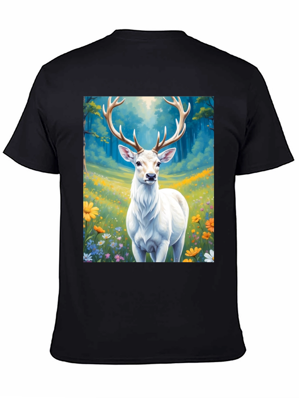 Deer in Meadow Graphic Tee - Black Cotton Shirt
