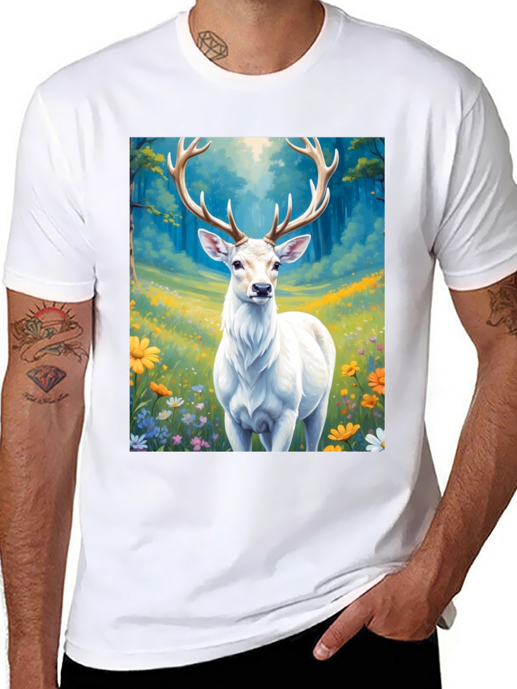 Deer in Meadow Graphic Tee - Black Cotton Shirt