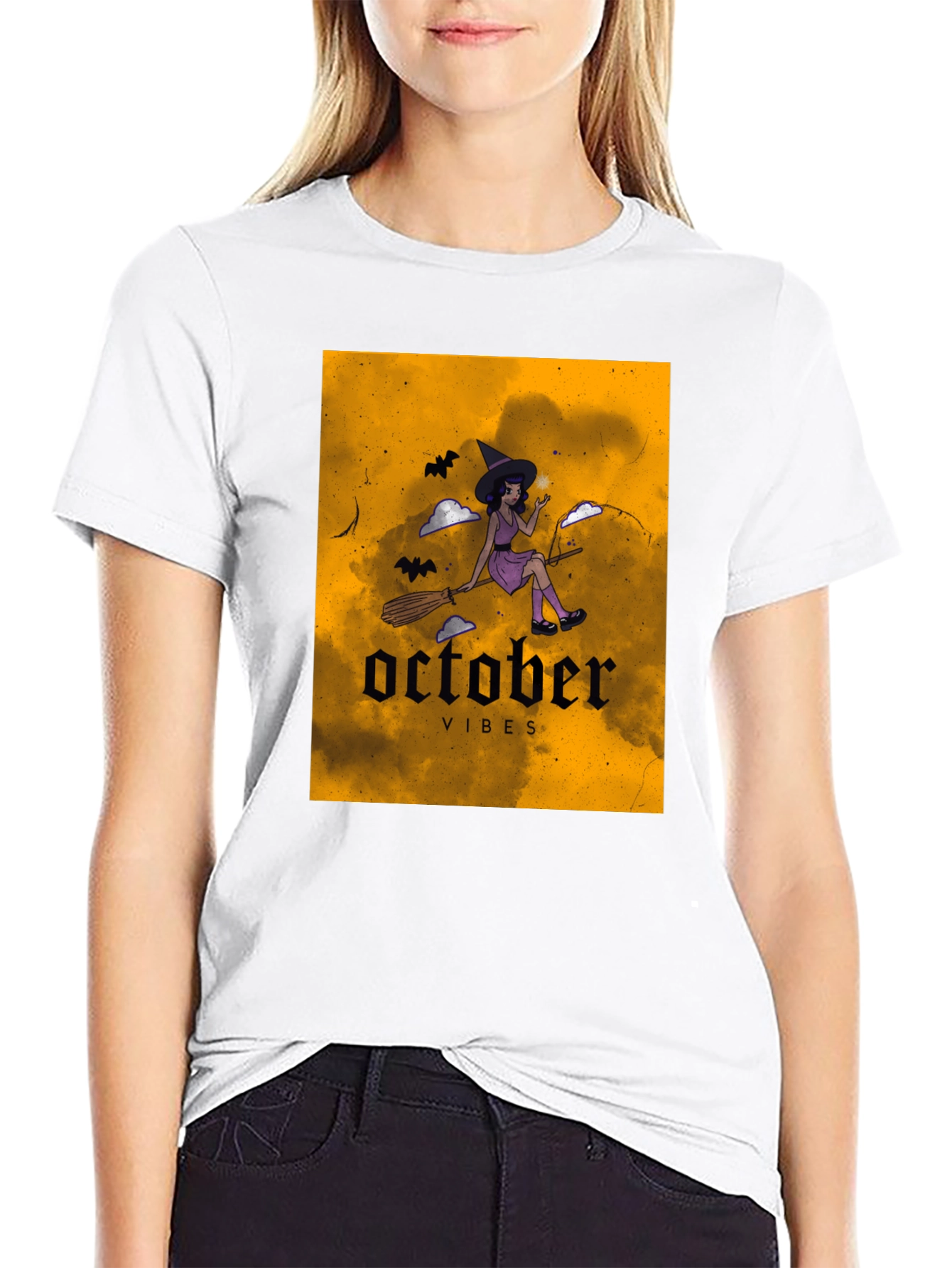 October Vibes Witch Graphic Tee - Black