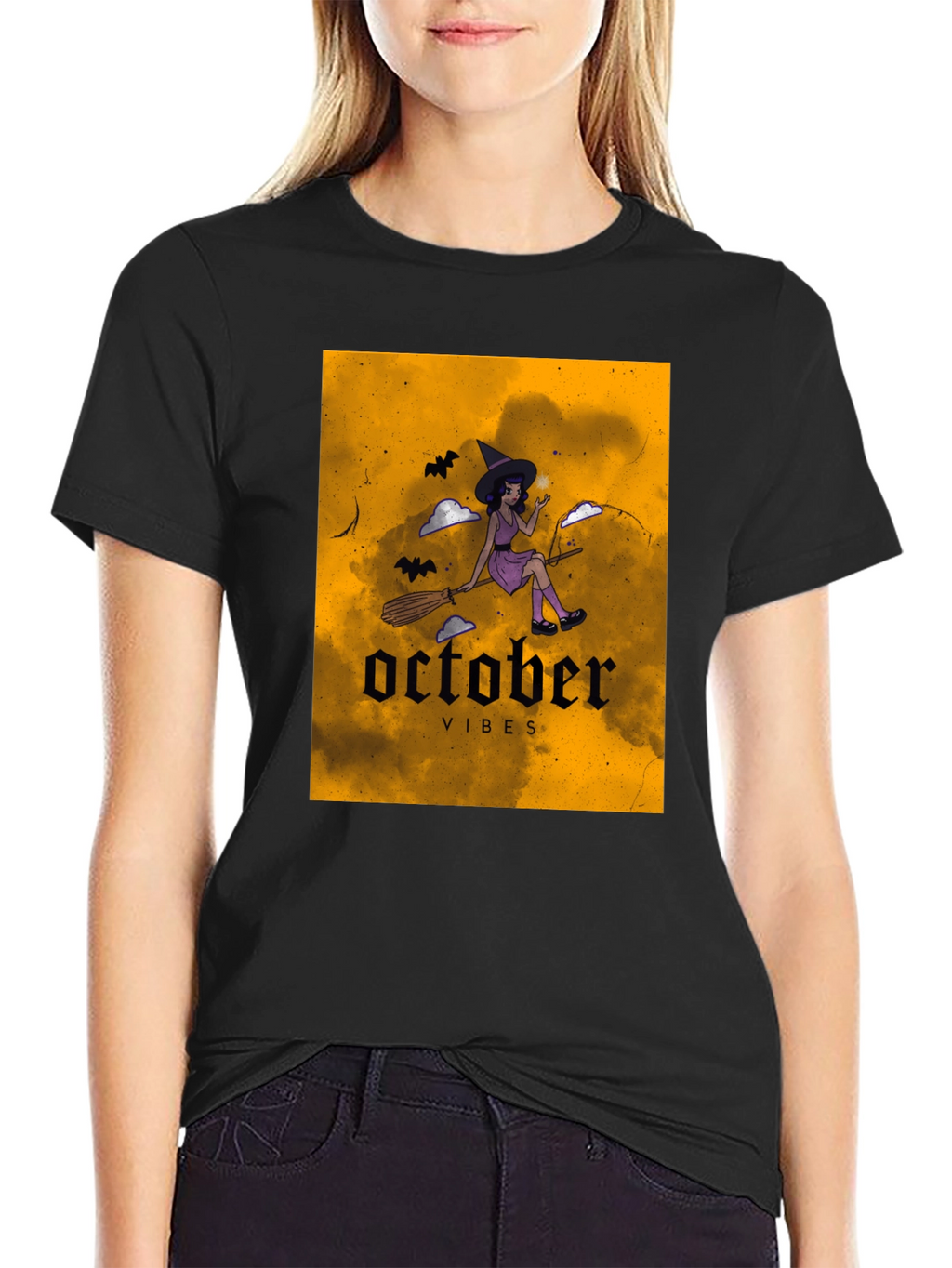 October Vibes Witch Graphic Tee - Black