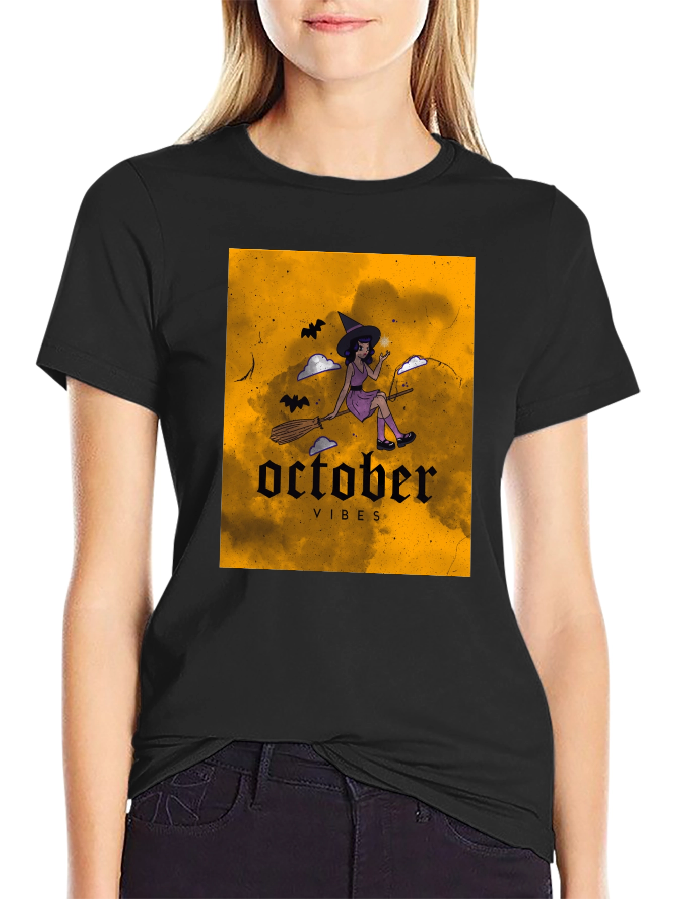 October Vibes Witch Graphic Tee - Black