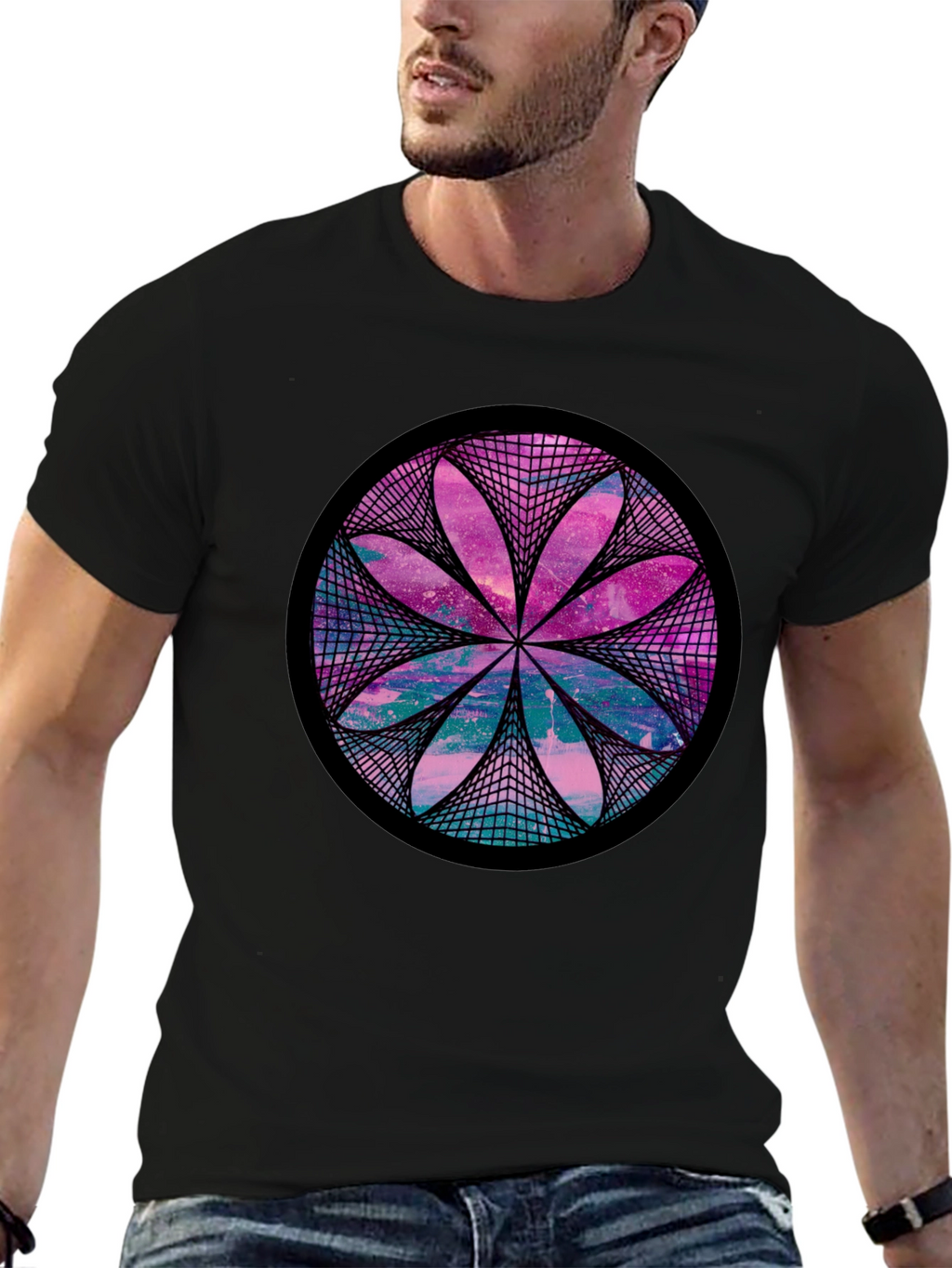 Cosmic Flower Graphic Tee - Black Cotton Blend Shirt