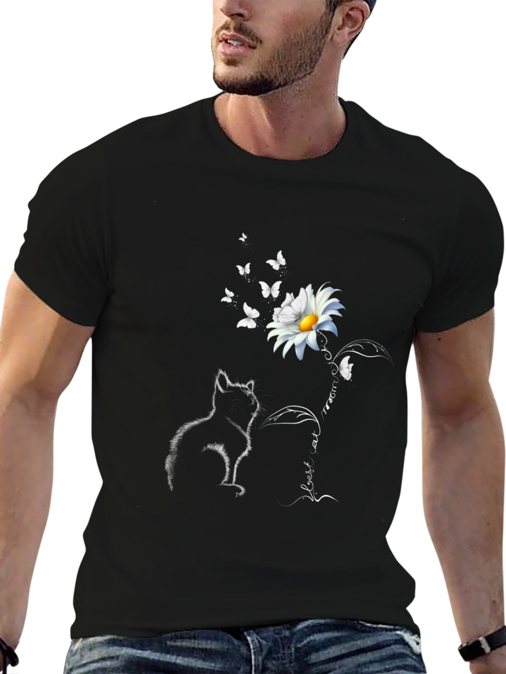 Cat & Daisy T-Shirt: Black Tee with Unique Graphic
