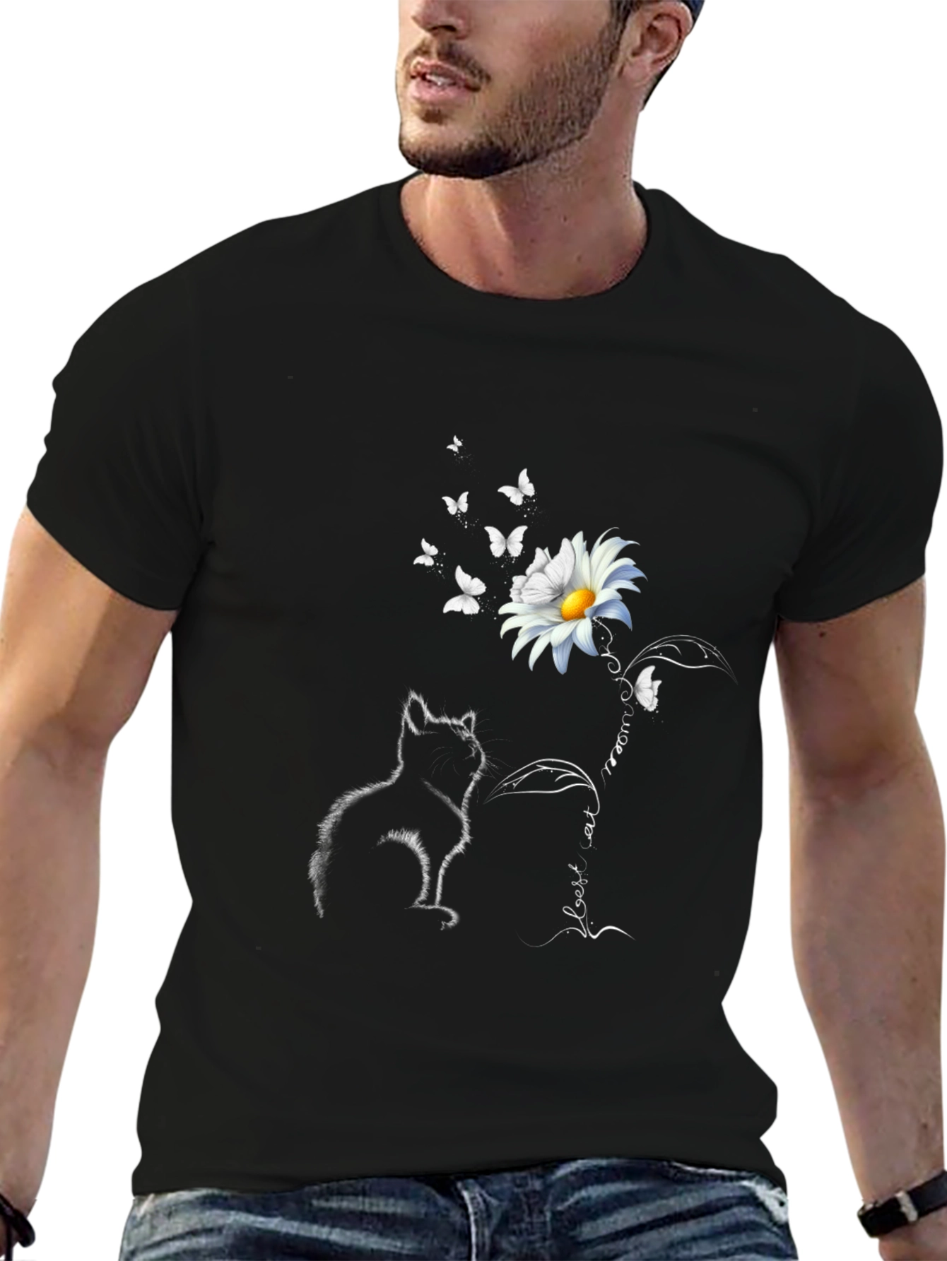 Cat & Daisy T-Shirt: Black Tee with Unique Graphic