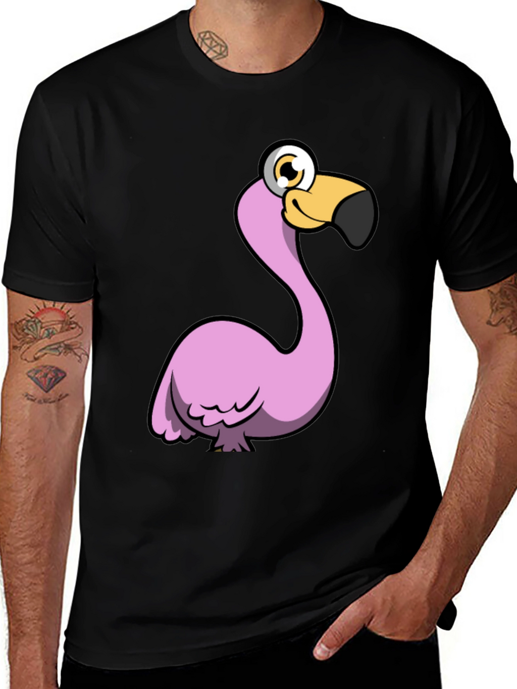 Funny Flamingo Graphic Tee - Black Cotton Shirt