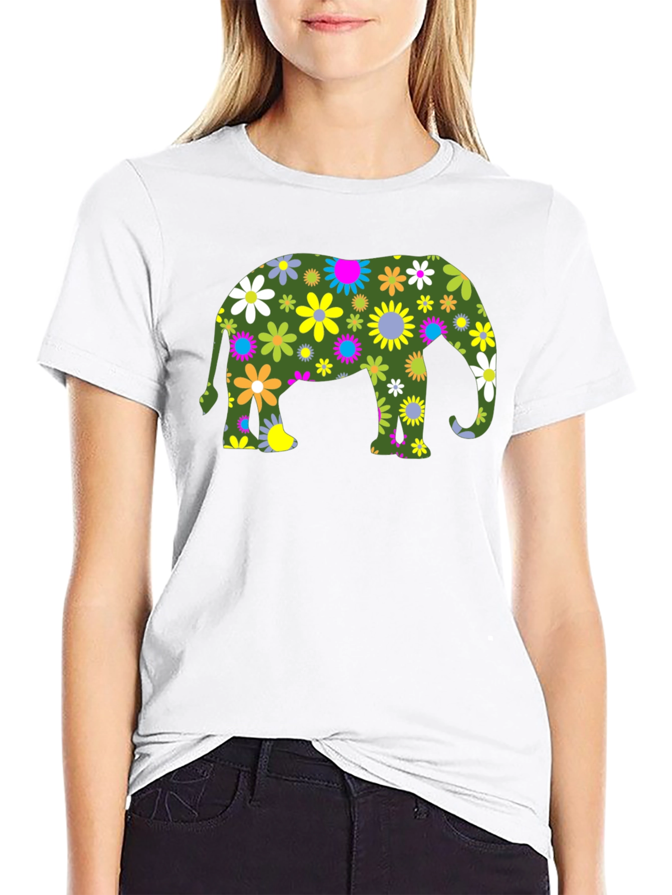 Floral Elephant Black T-Shirt