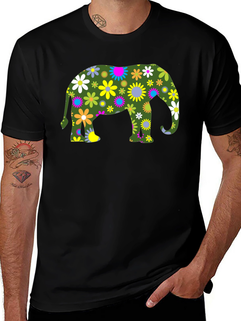 Floral Elephant Black T-Shirt