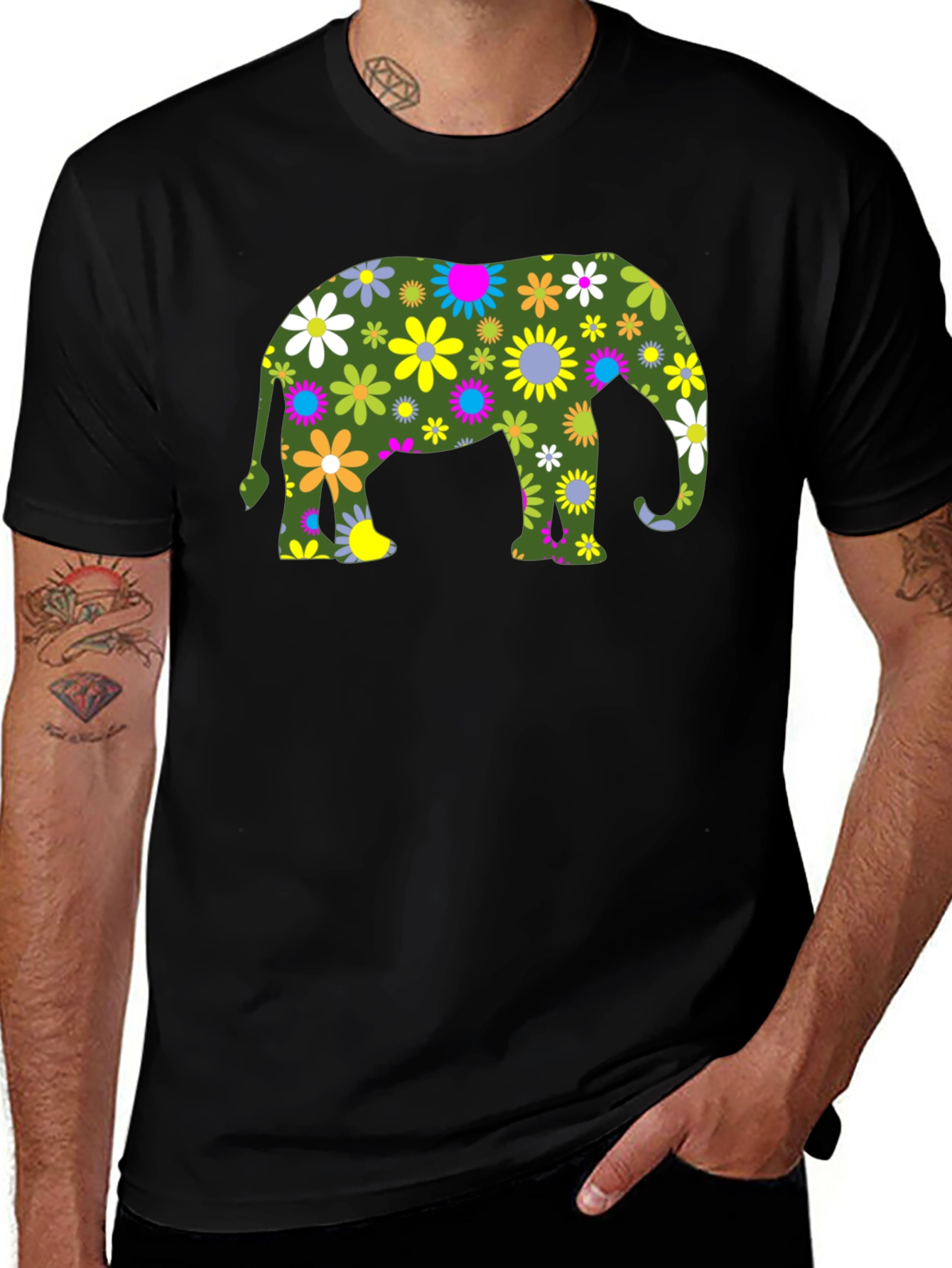 Floral Elephant Black T-Shirt