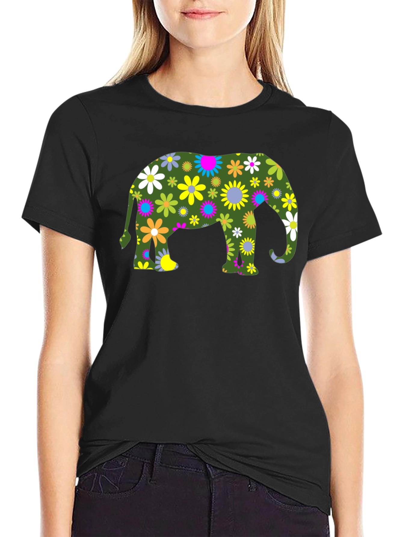 Floral Elephant Black T-Shirt