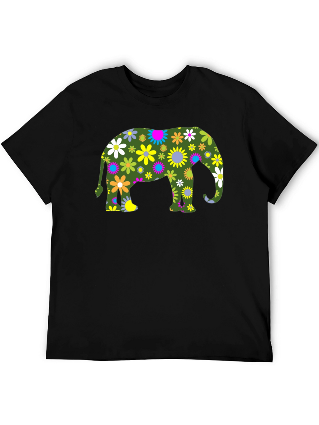 Floral Elephant Black T-Shirt