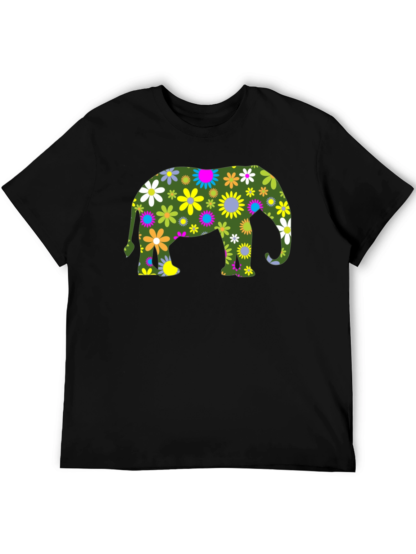 Floral Elephant Black T-Shirt
