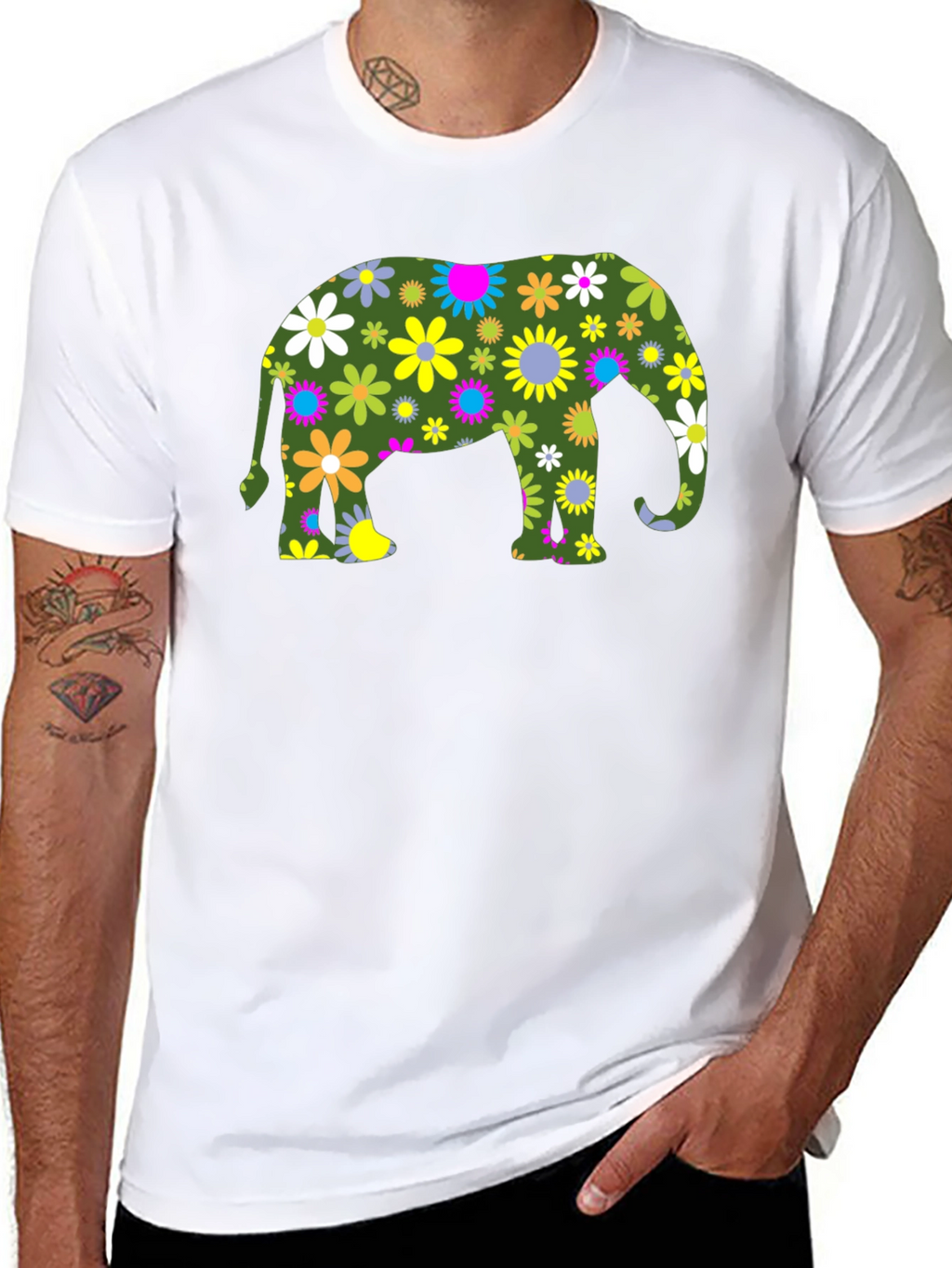 Floral Elephant Black T-Shirt