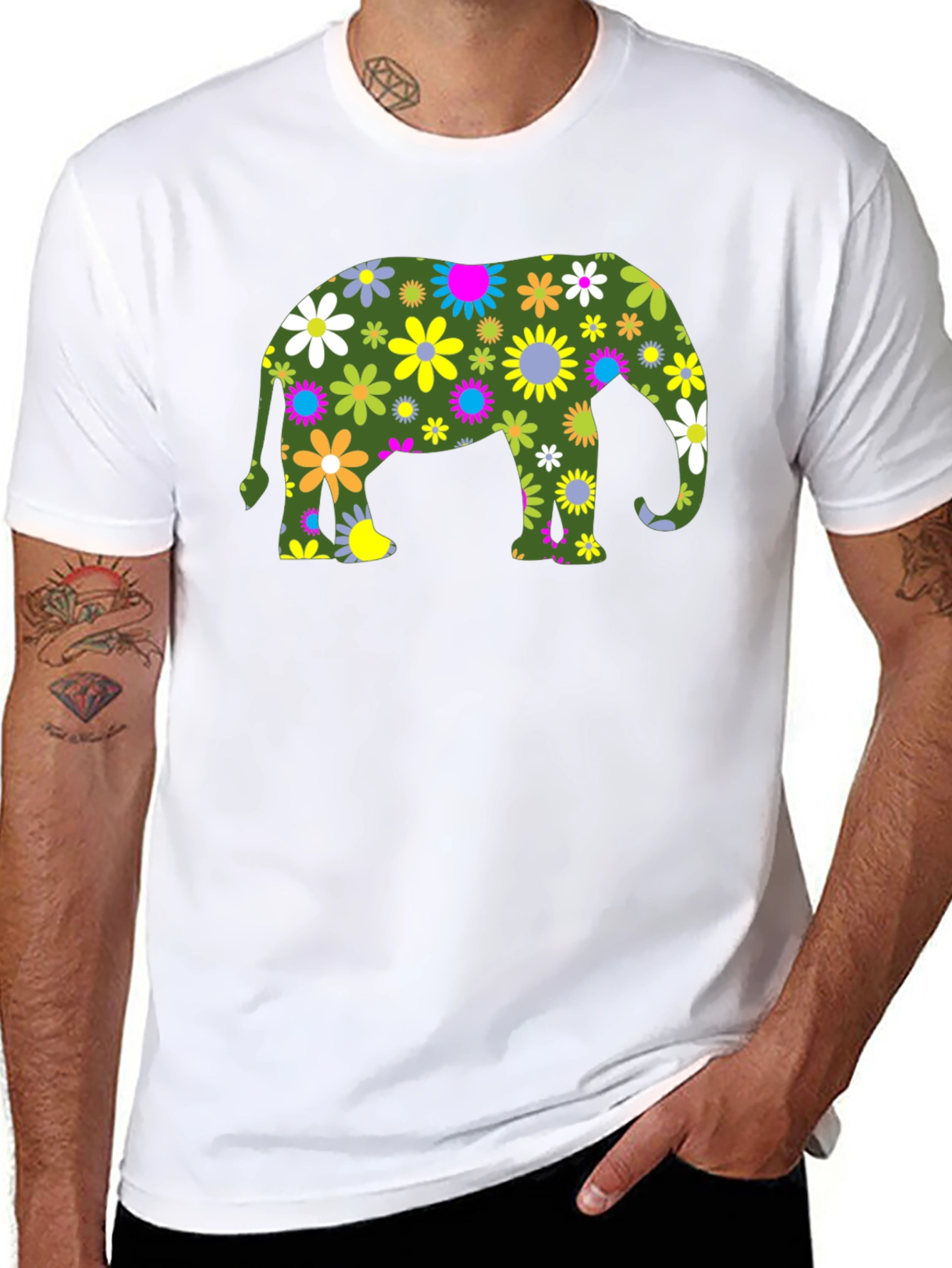 Floral Elephant Black T-Shirt