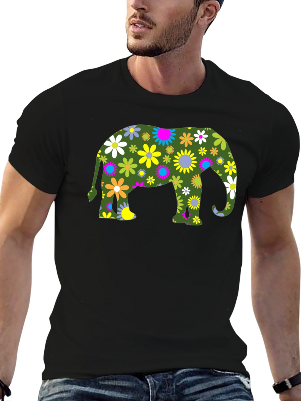 Floral Elephant Black T-Shirt