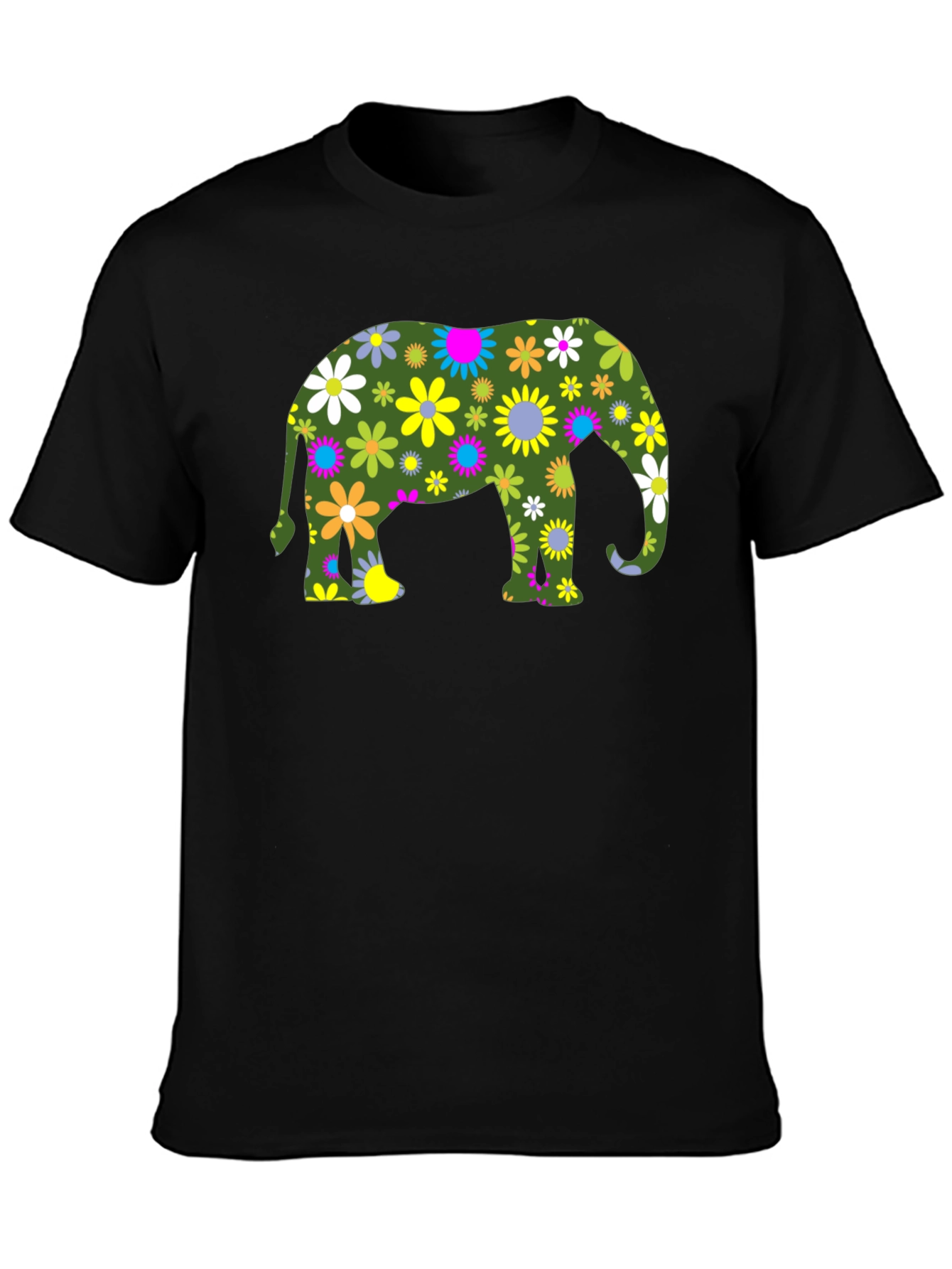 Floral Elephant Black T-Shirt