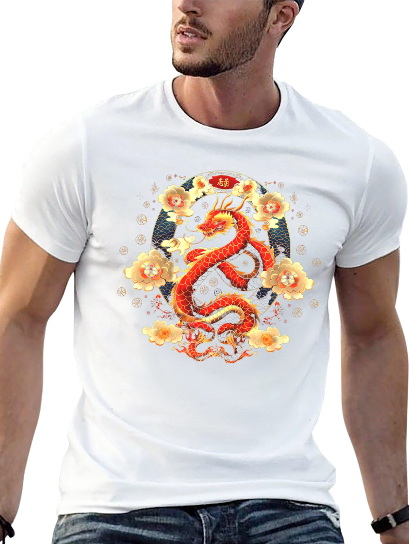 Dragon and Floral Print T-Shirt