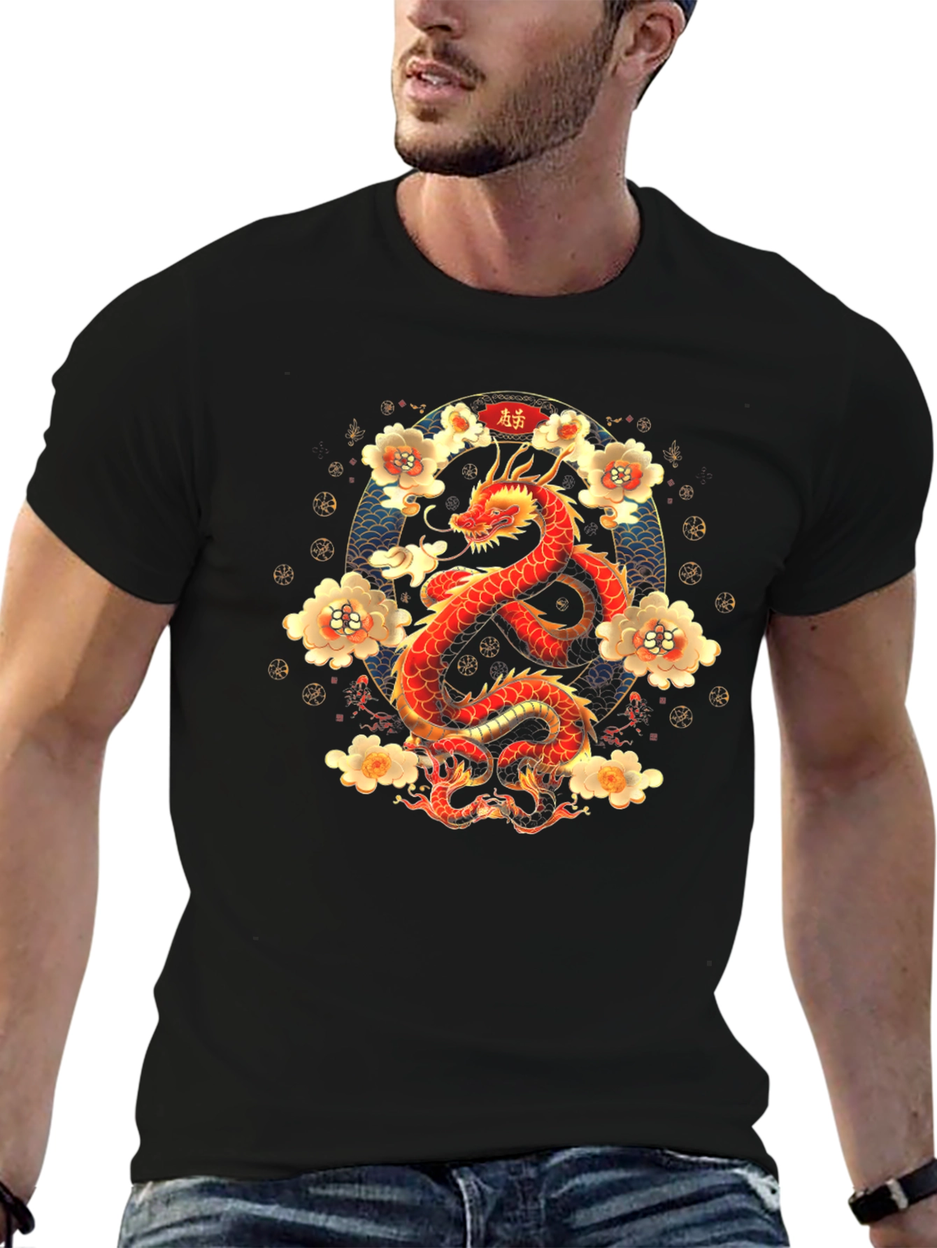 Dragon and Floral Print T-Shirt