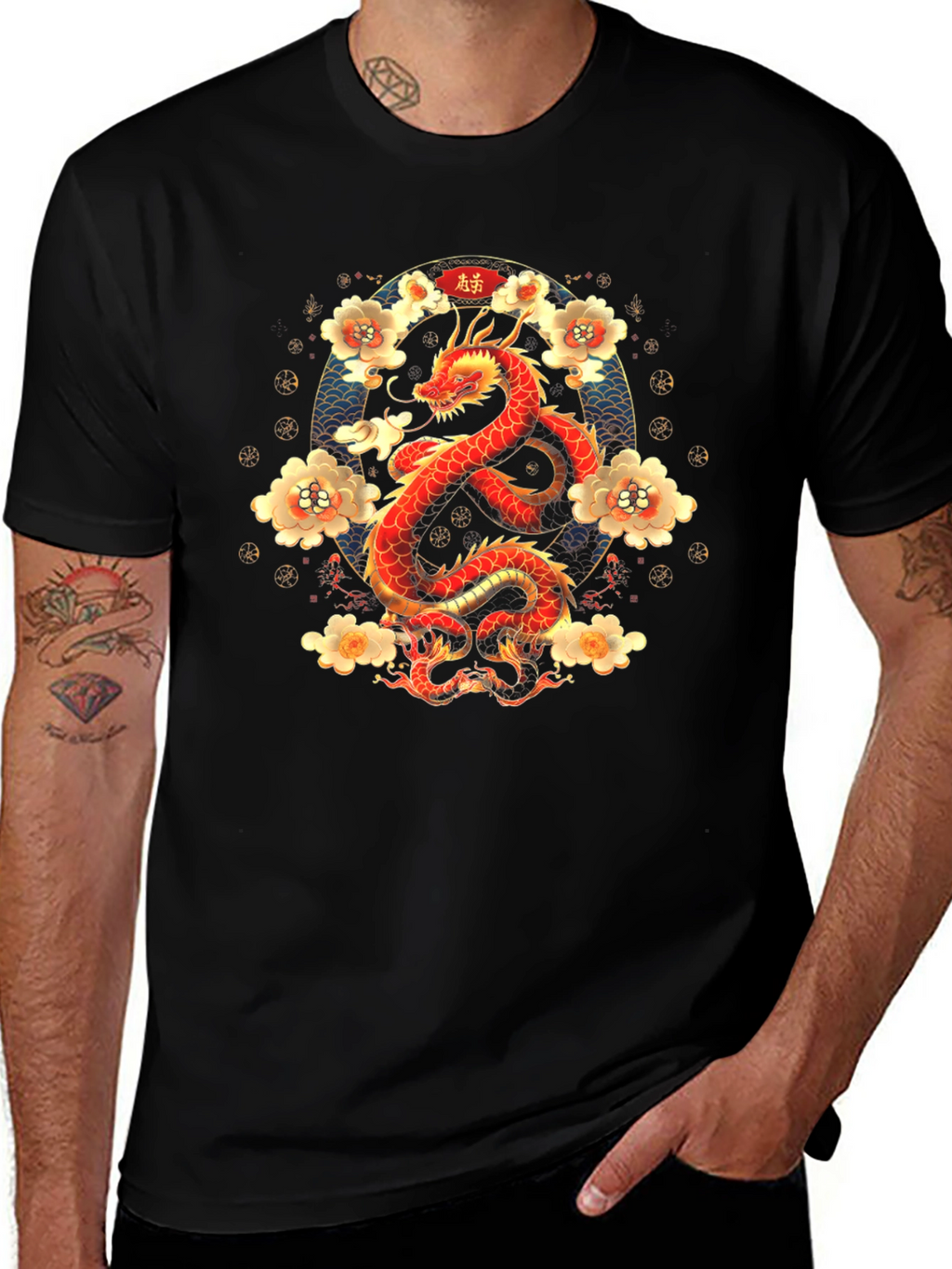 Dragon and Floral Print T-Shirt