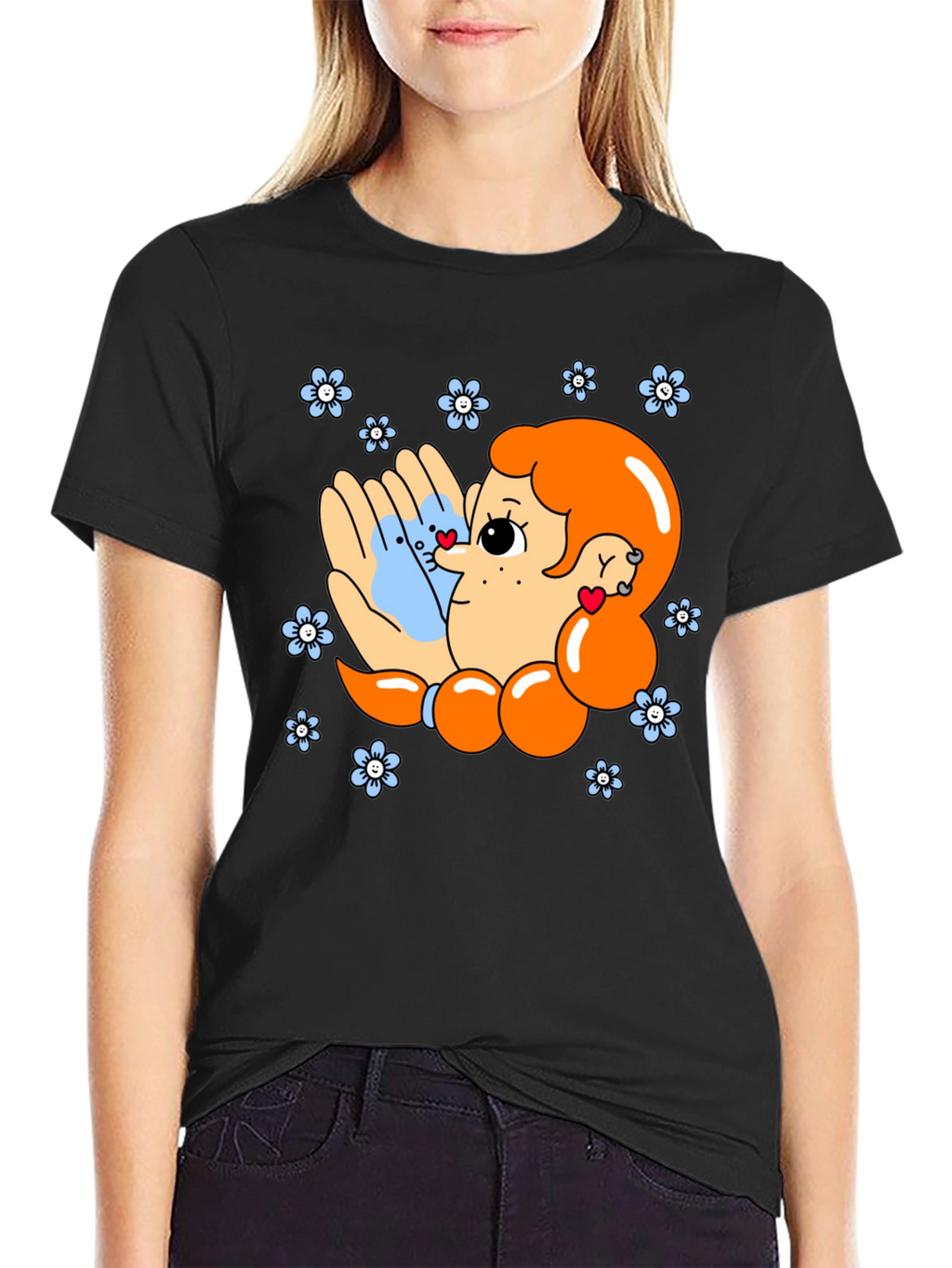 Cute Cartoon Graphic Print Black T-Shirt