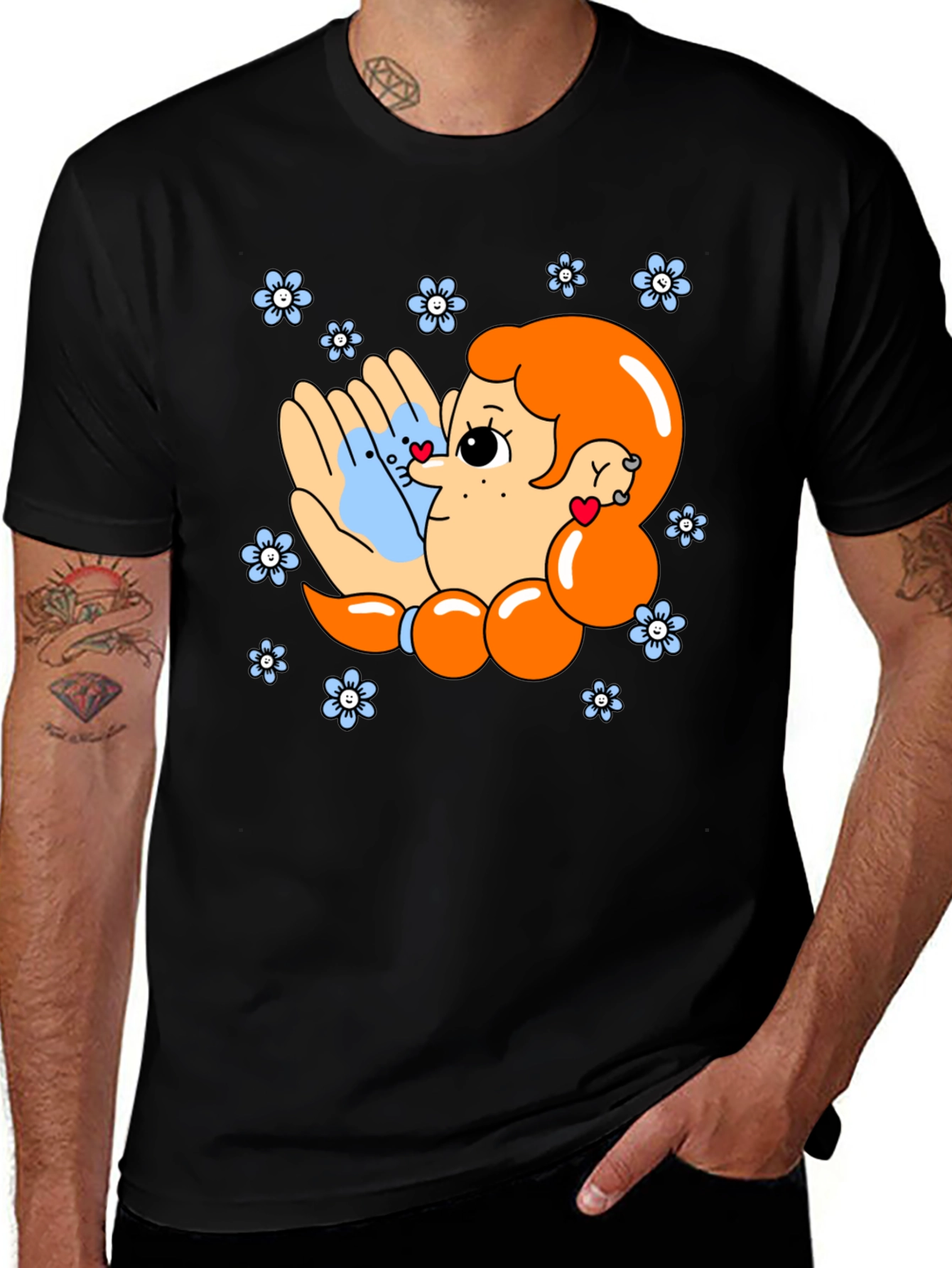 Cute Cartoon Graphic Print Black T-Shirt