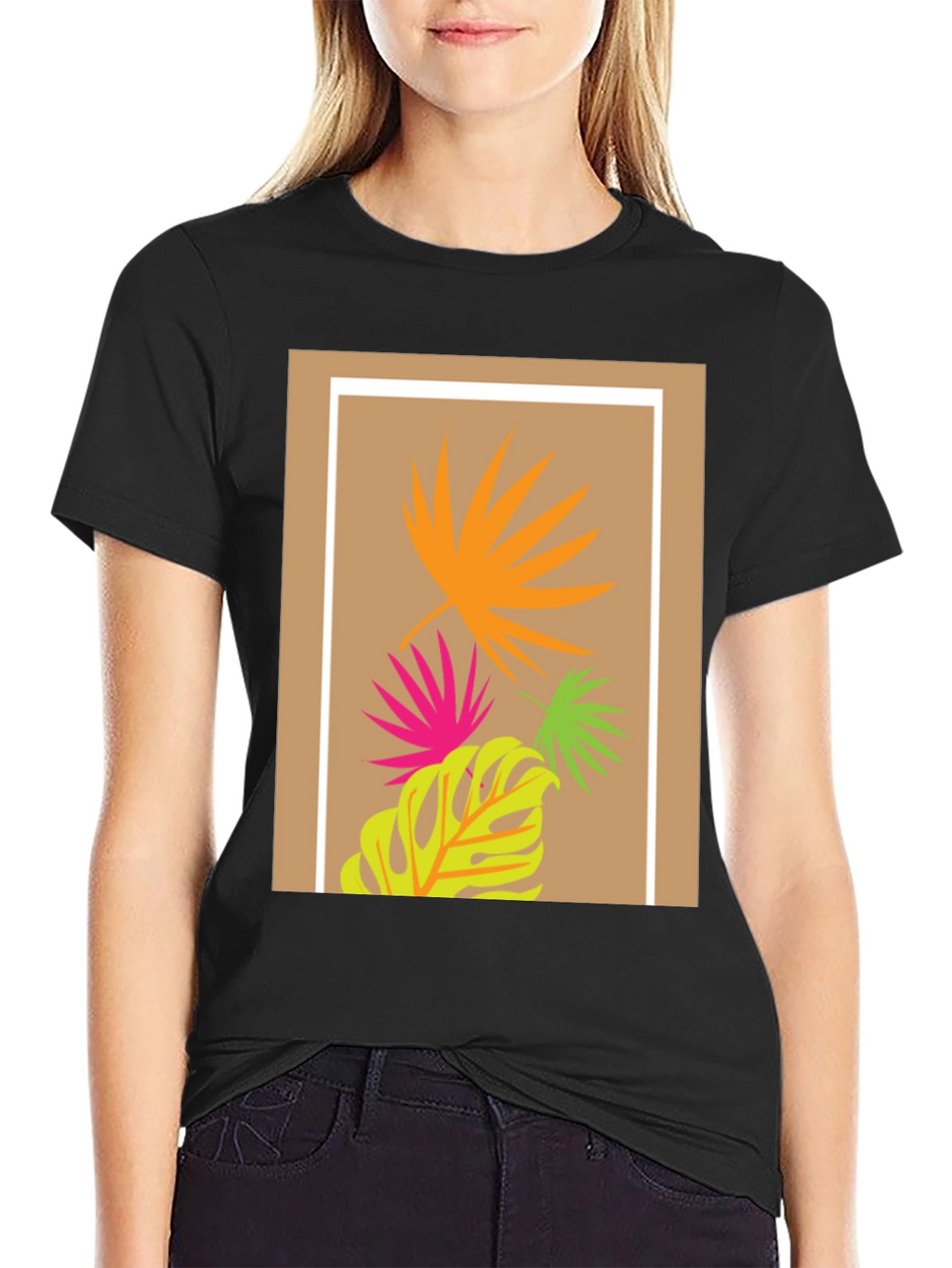 Tropical Leaf Print Black T-Shirt