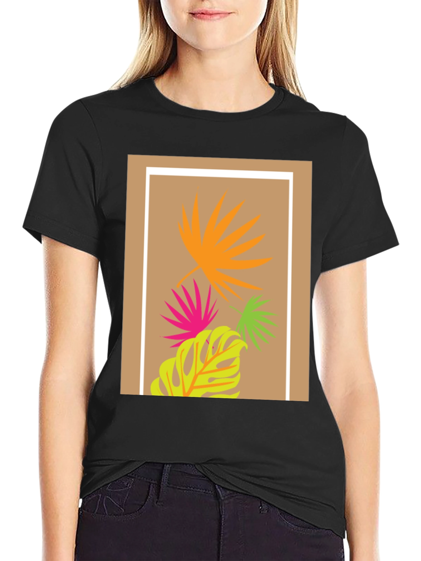 Tropical Leaf Print Black T-Shirt