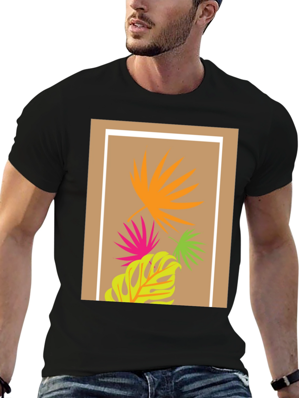 Tropical Leaf Print Black T-Shirt