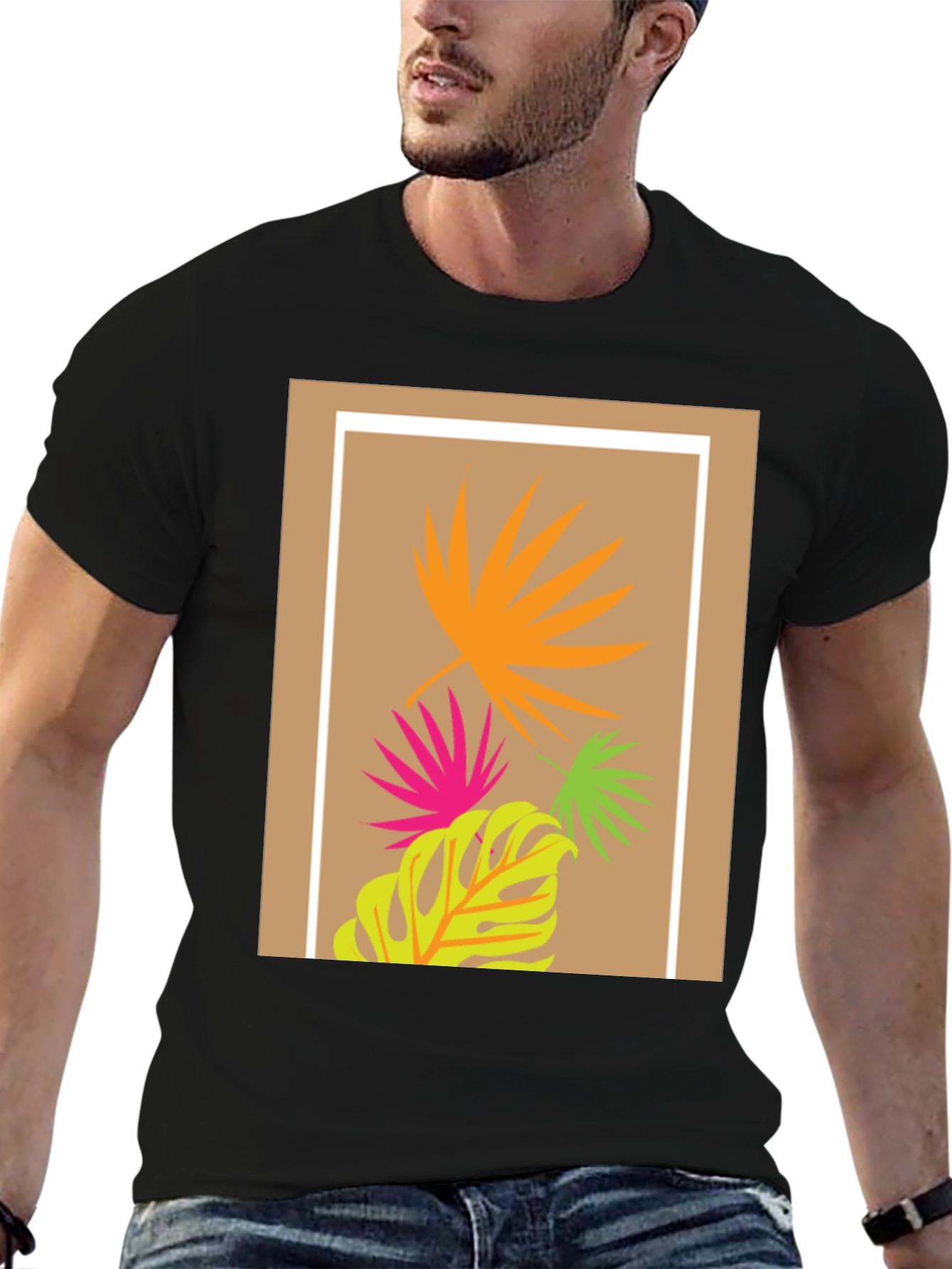 Tropical Leaf Print Black T-Shirt