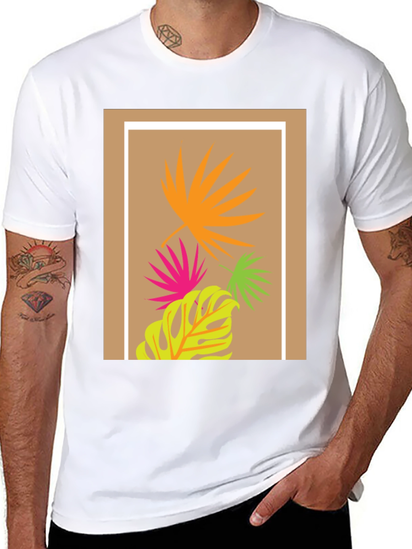 Tropical Leaf Print Black T-Shirt