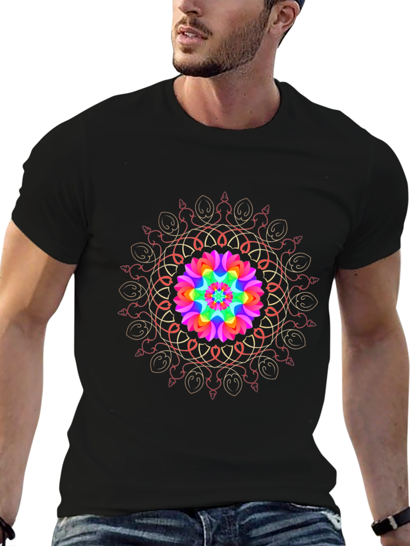 Rainbow Mandala Black T-Shirt