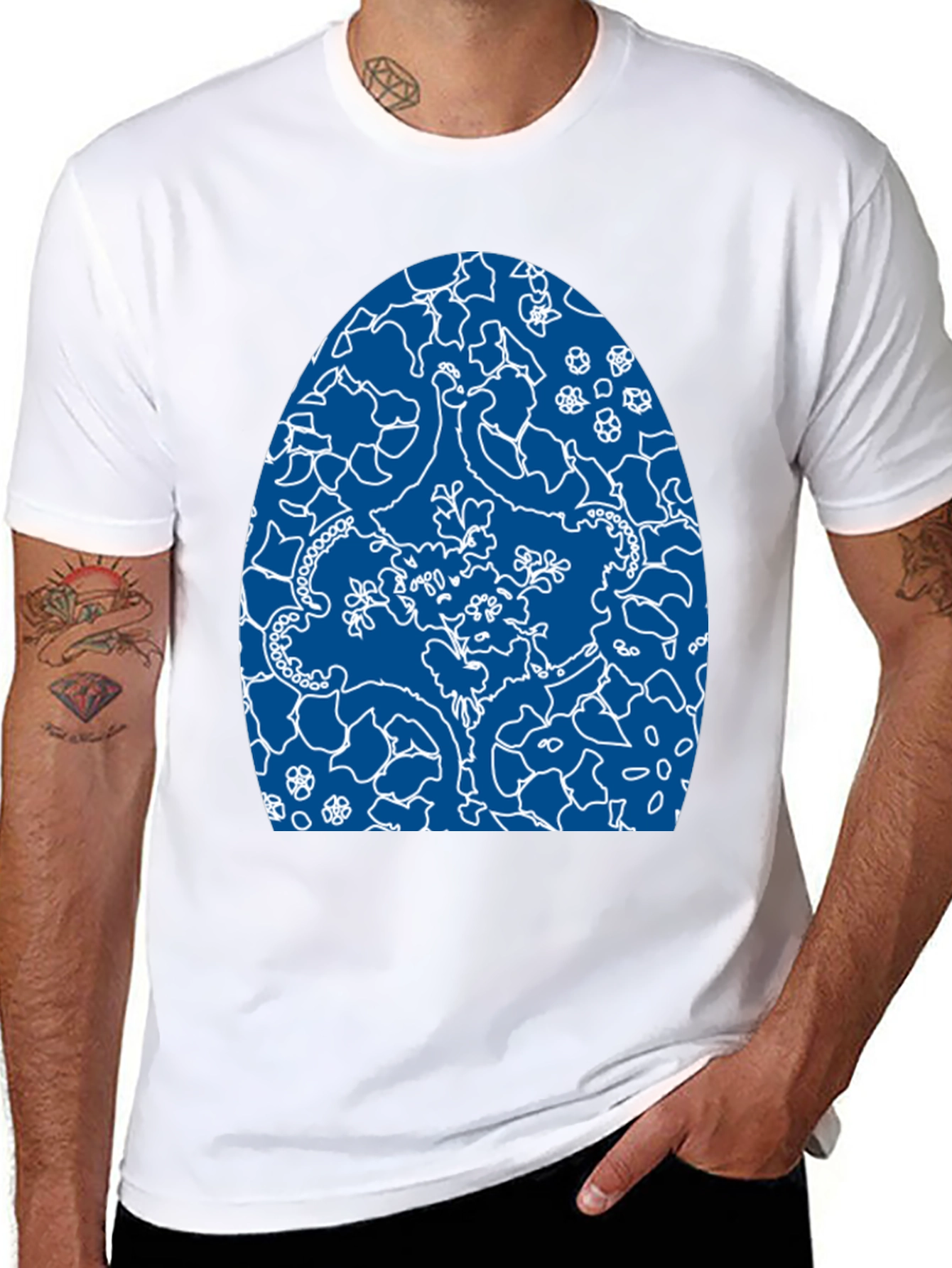 Abstract Blue & White Design Black T-Shirt