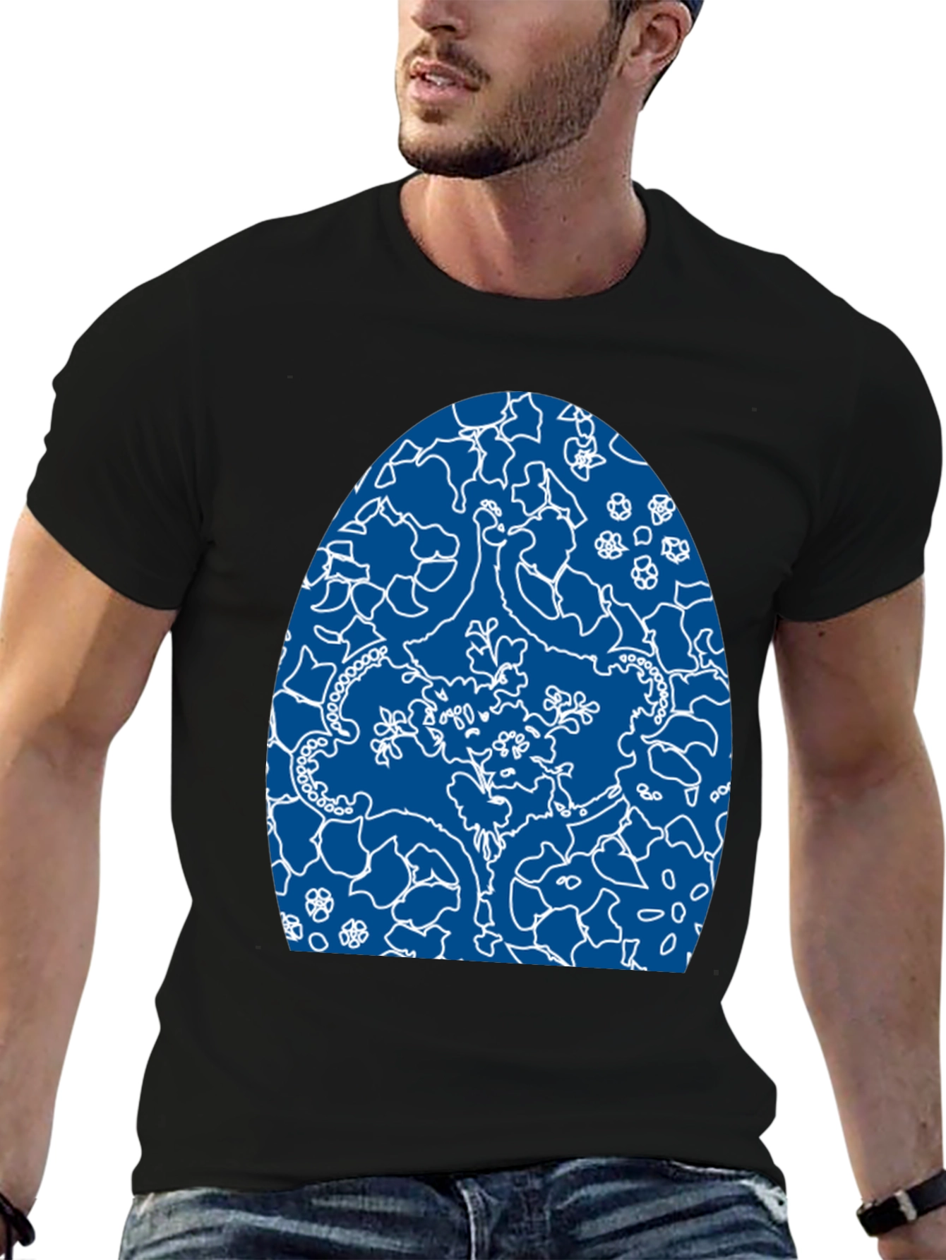 Abstract Blue & White Design Black T-Shirt