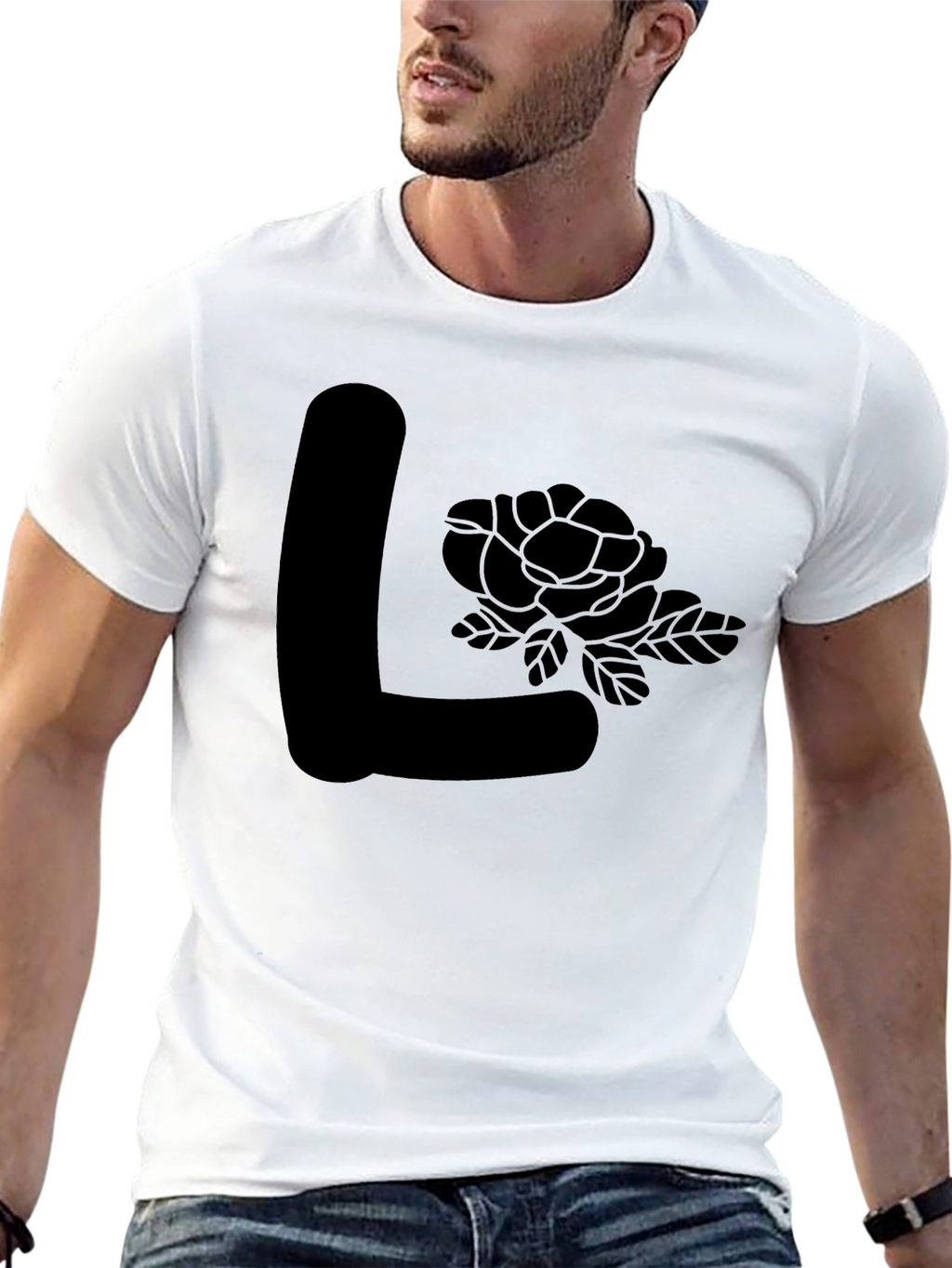 Black L Initial Rose Graphic Tee