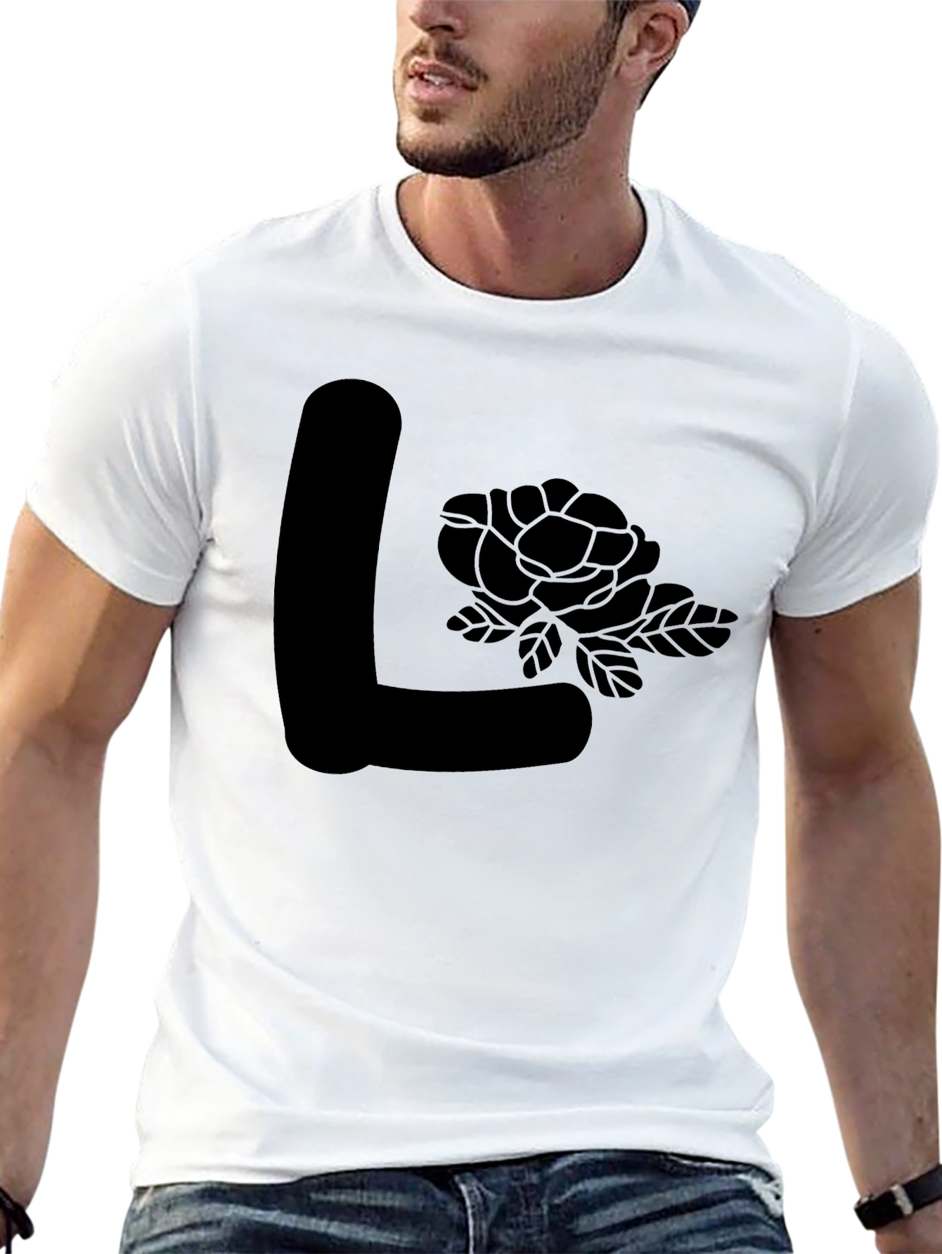 Black L Initial Rose Graphic Tee