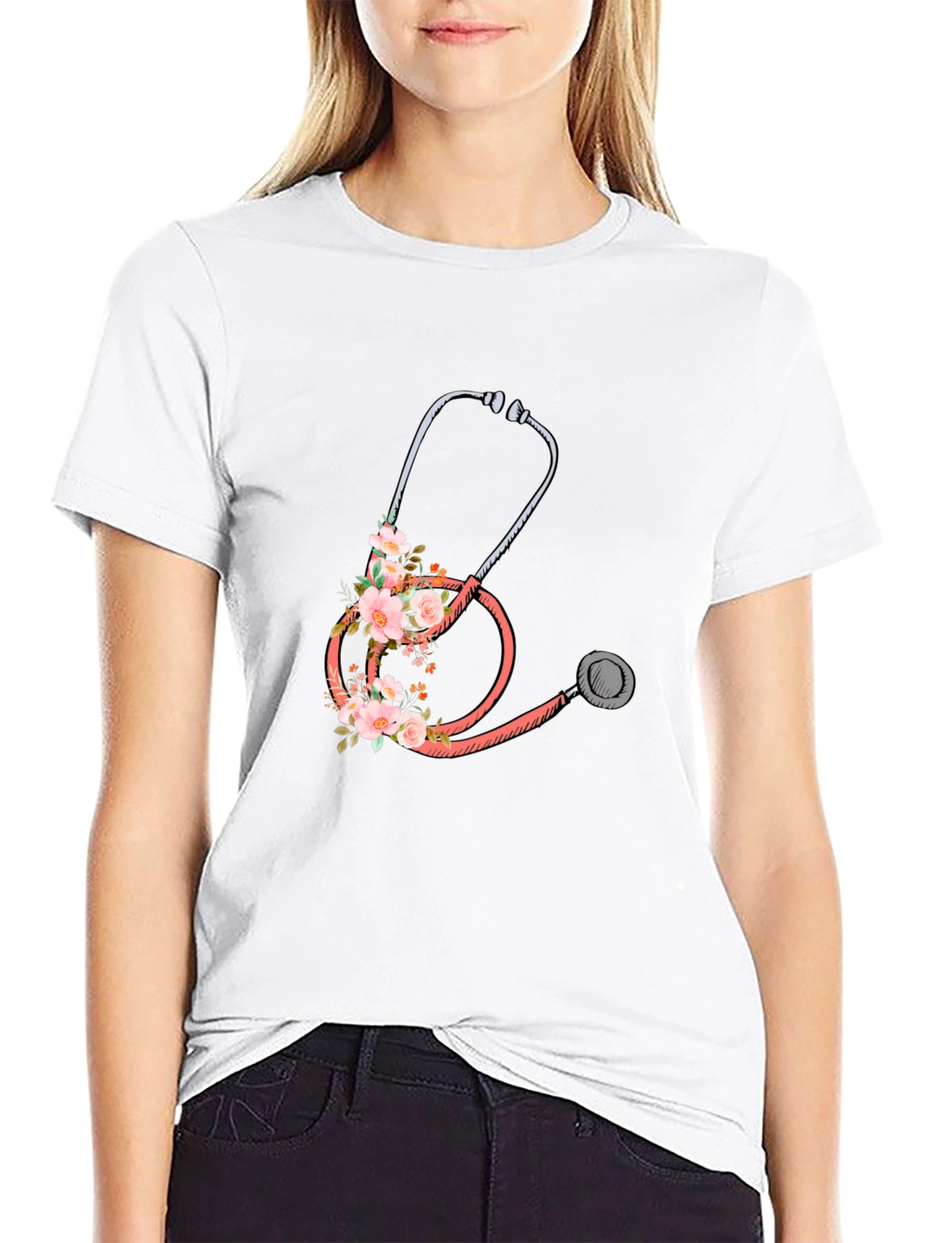 Floral Stethoscope Graphic Tee - Medical Apparel