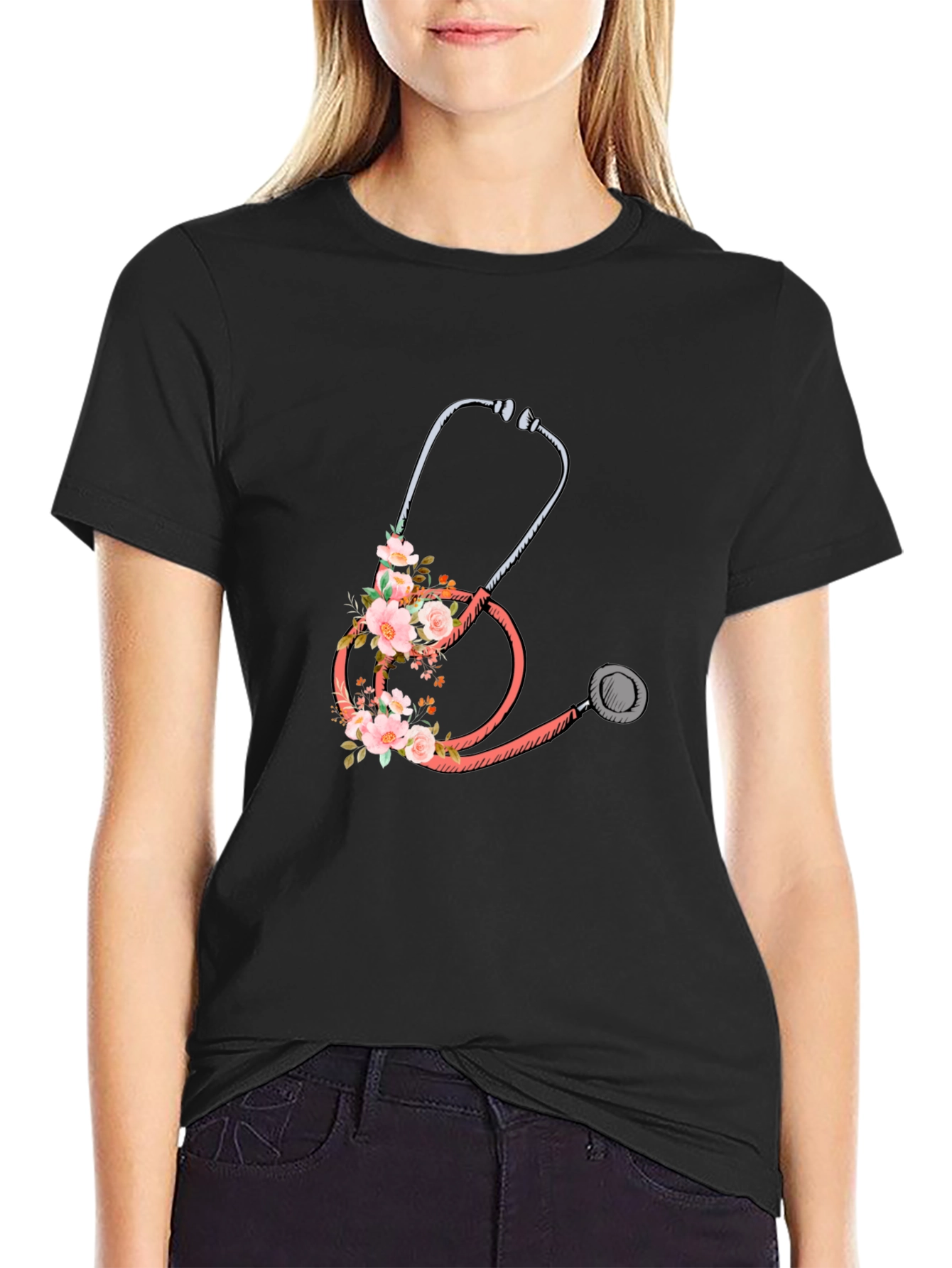 Floral Stethoscope Graphic Tee - Medical Apparel