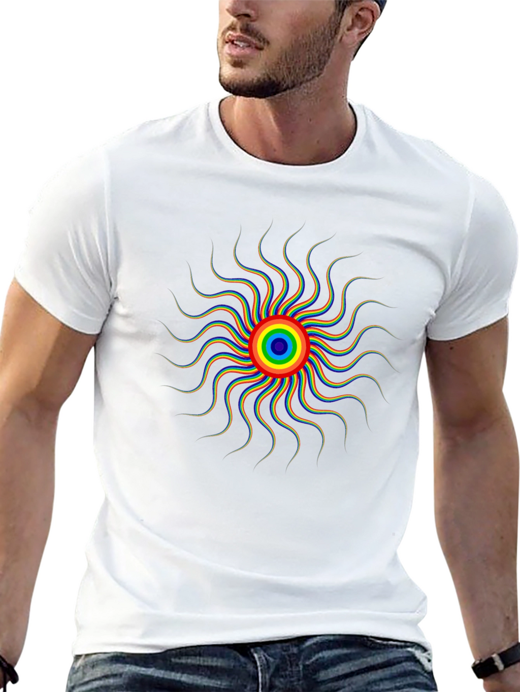 Psychedelic Rainbow Sun Graphic Tee - Black Cotton T-Shirt