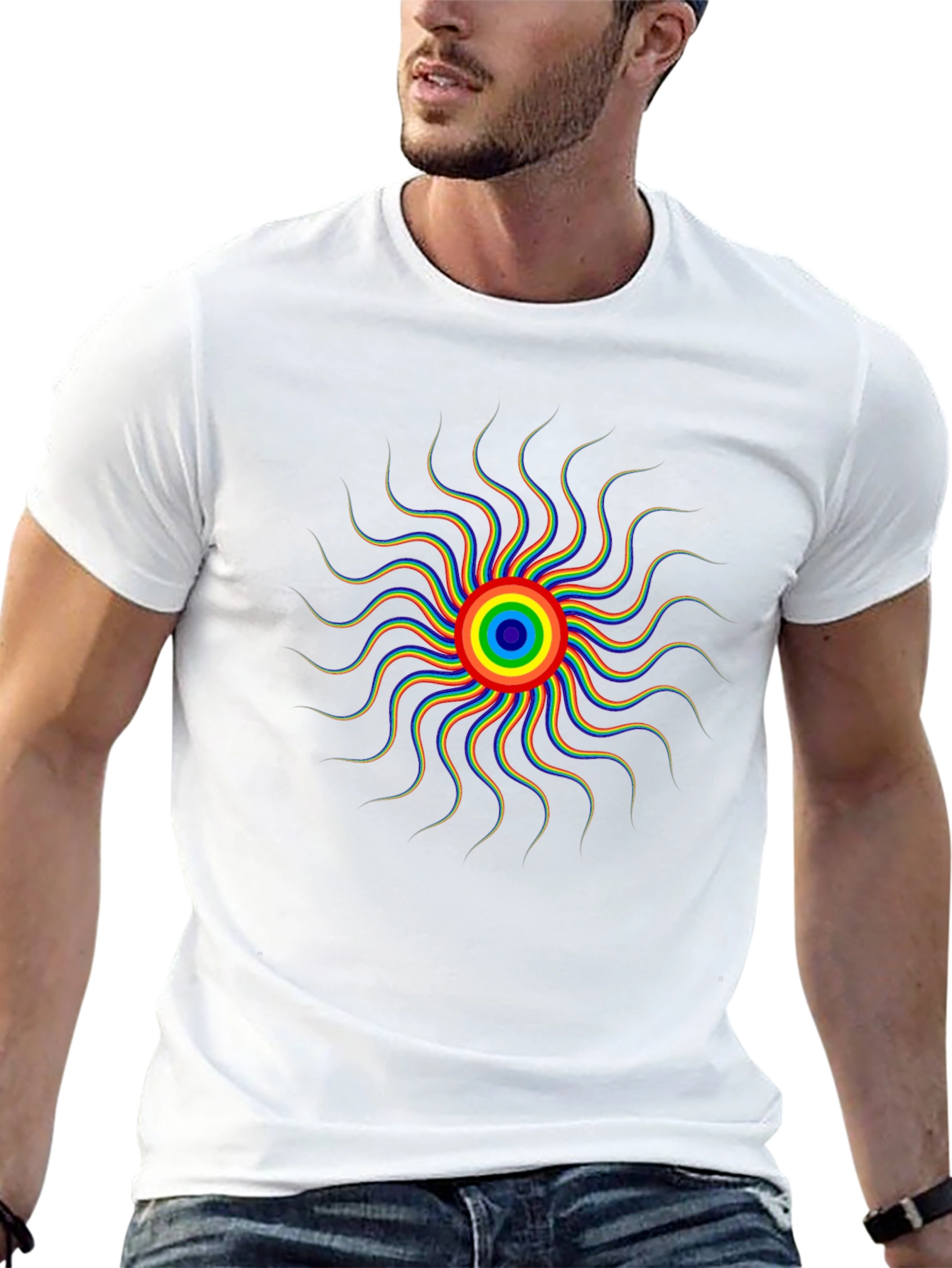 Psychedelic Rainbow Sun Graphic Tee - Black Cotton T-Shirt
