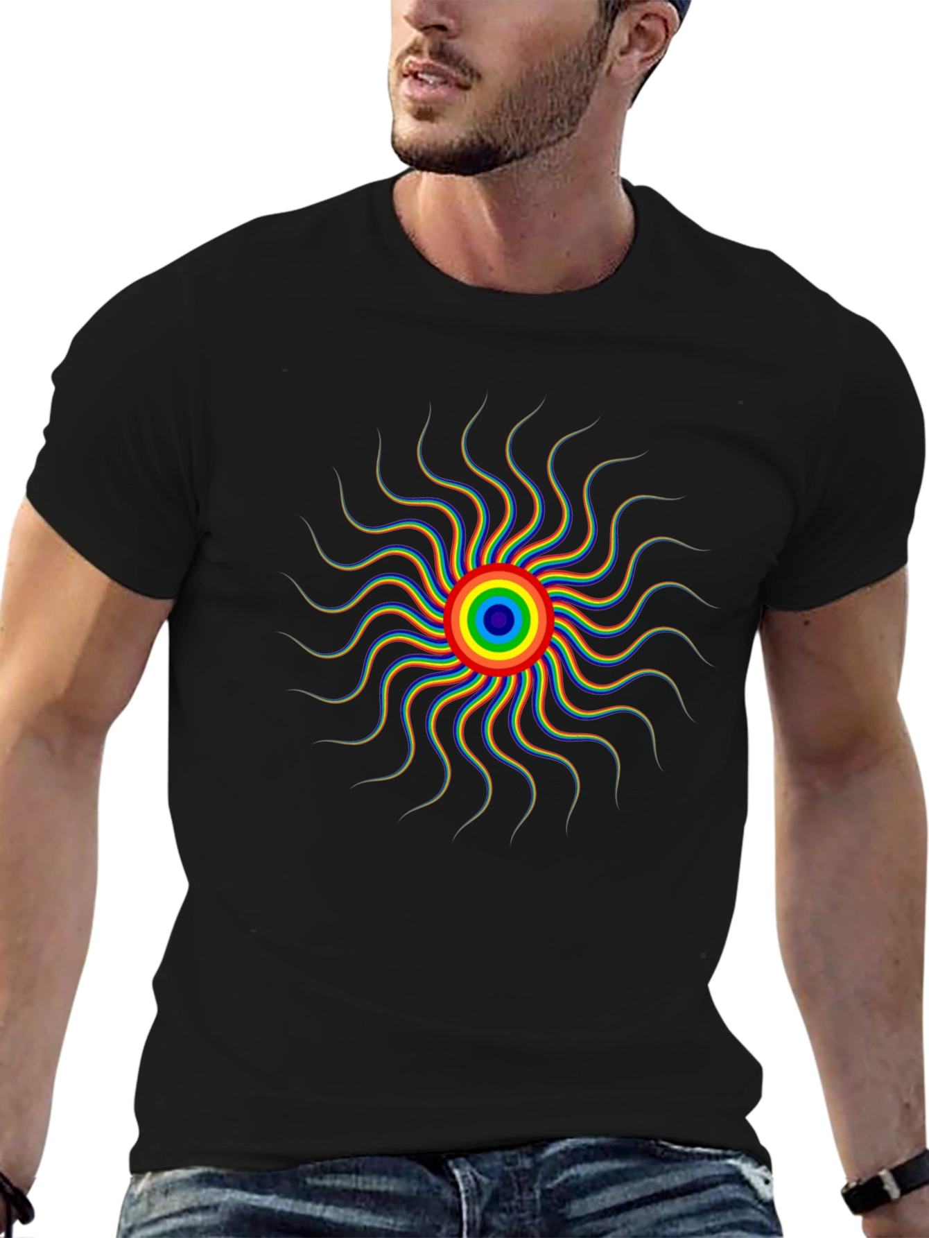 Psychedelic Rainbow Sun Graphic Tee - Black Cotton T-Shirt