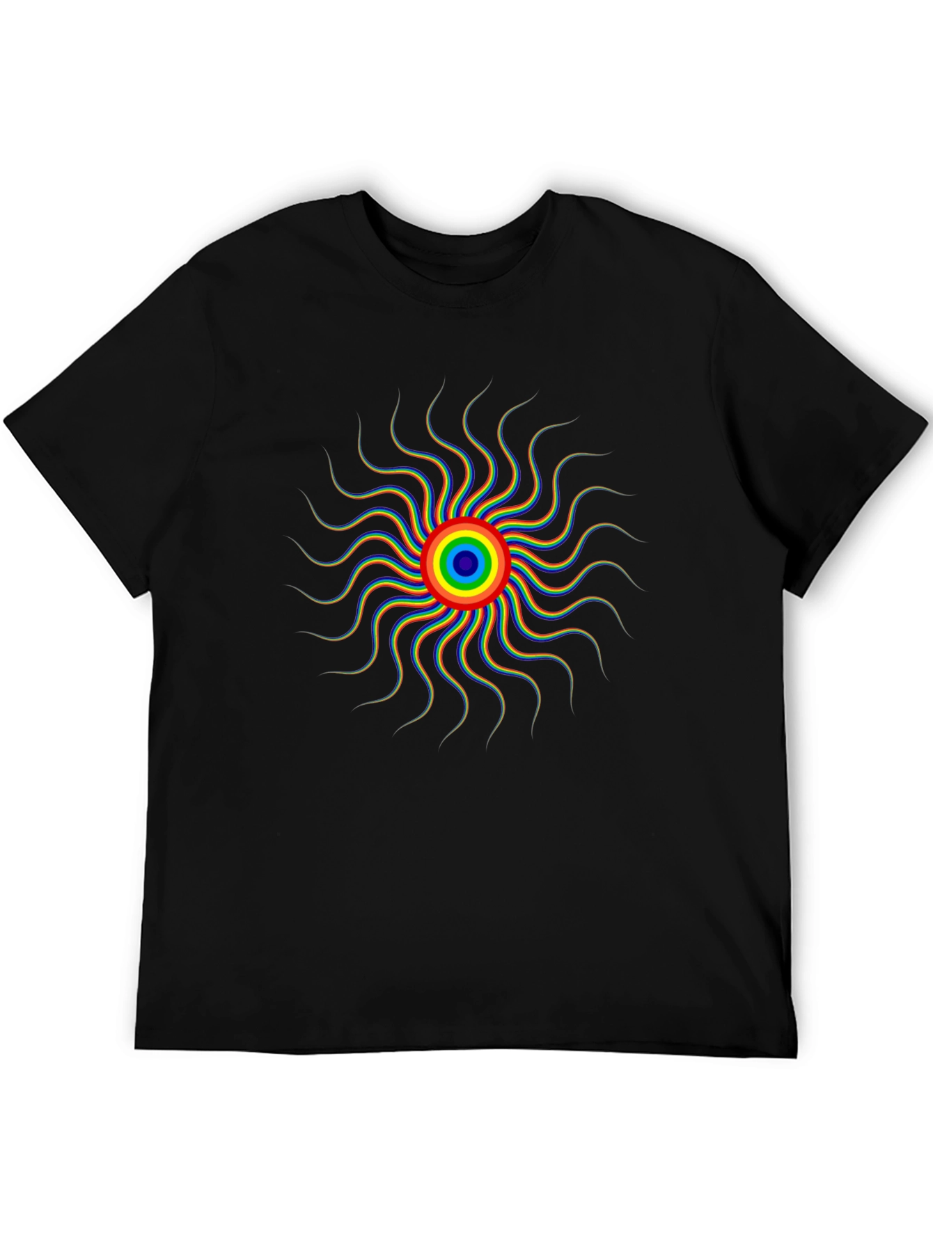 Psychedelic Rainbow Sun Graphic Tee - Black Cotton T-Shirt
