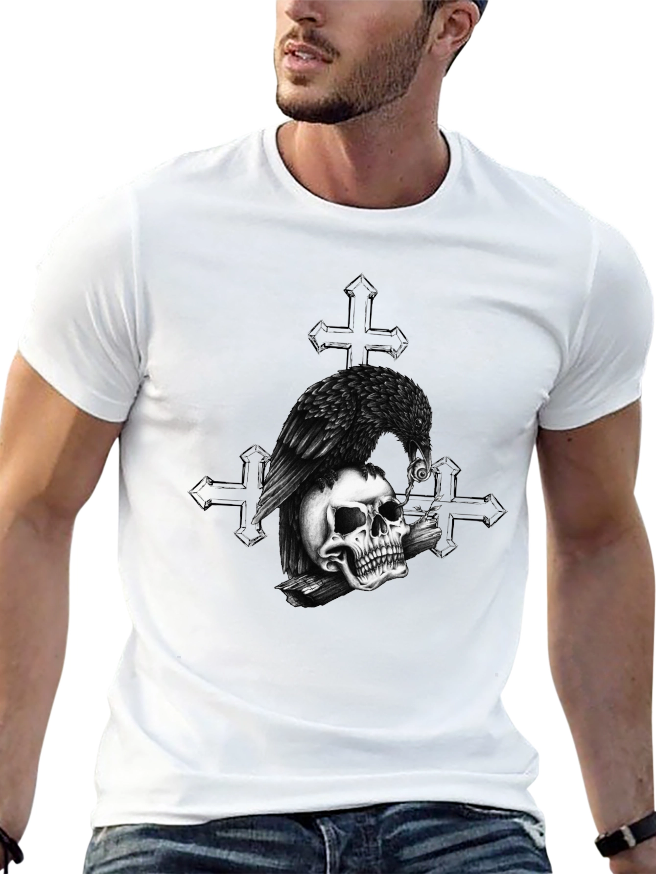 Raven on Skull Graphic Print Tee